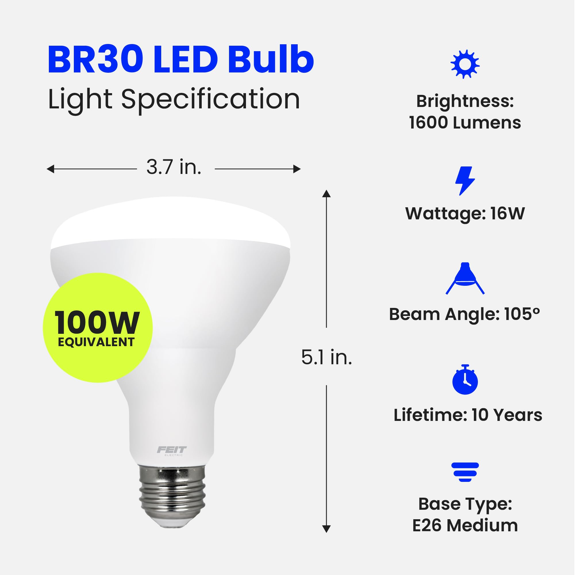 Feit Electric Br30 Led Light Bulbs, 100W Equivalent, Dimmable, E26 Standard Base, 80 Cri, 1400 Lumens, 3500K Neutral White, 120V, 10 Years Lifetime, Damp Rated, 6 Pack, 100Br30Dm83510Kled/6