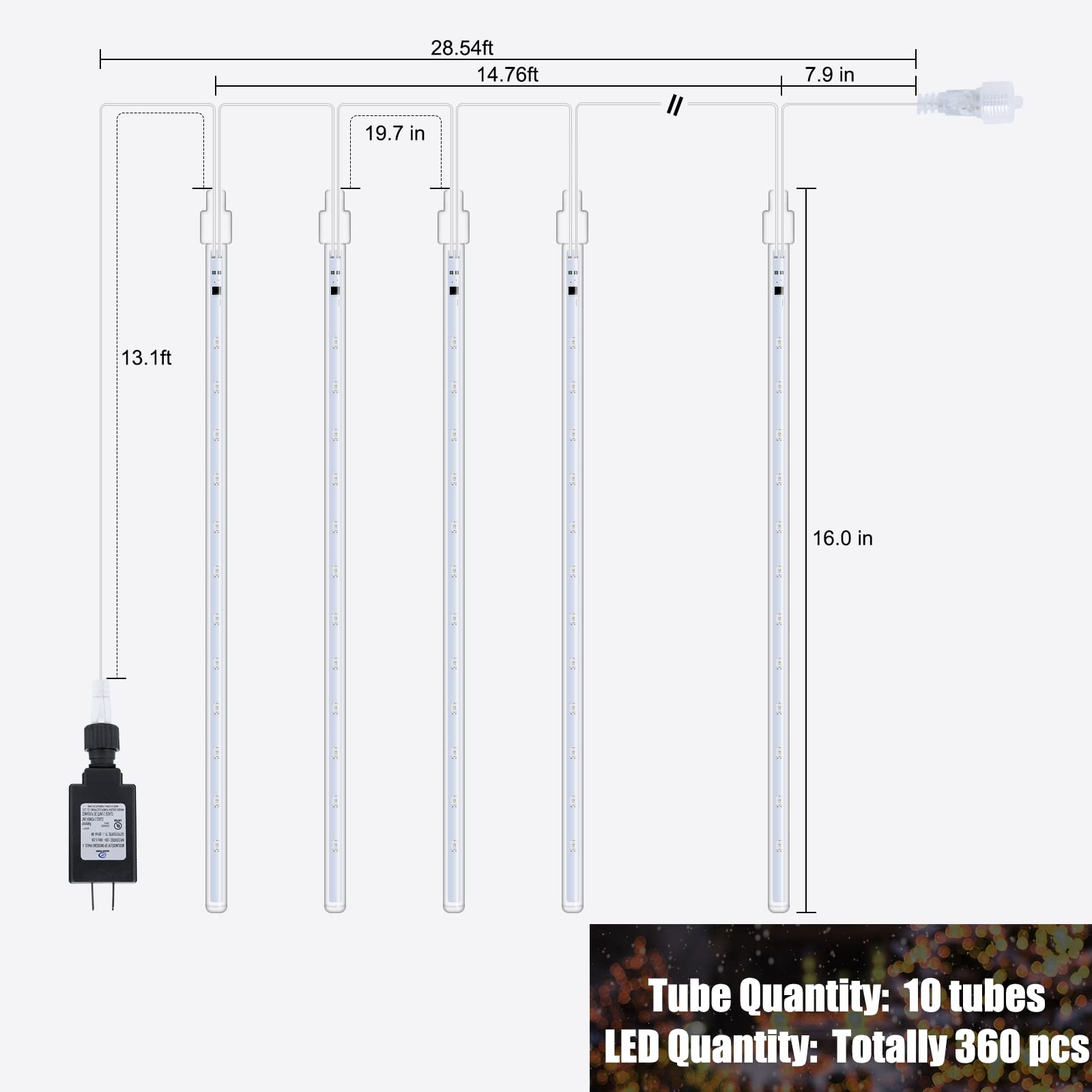 Brightown Meteor Shower Lights, 10 Tube 360 LED, Waterproof, 16 Inch, White, Model CH-7V-30cm-c, Outdoor Christmas Decoration
