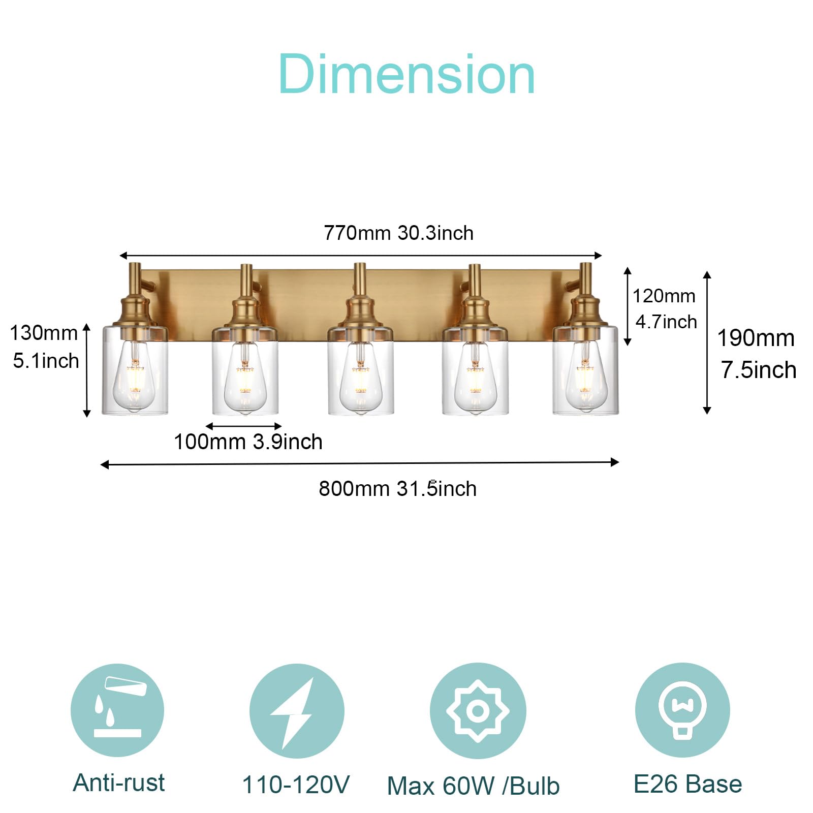 Wanluce 5 Light Vintage Brushed Brass Bathroom Vanity Light Fixtures Over Mirror With Clear Glass Shades, Farmhouse Wall Sconces