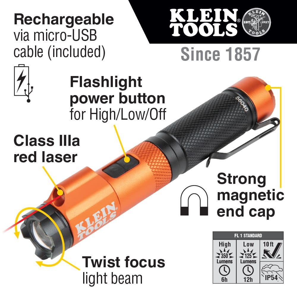 Klein Tools 56040 Magnetic LED Flashlight - 350 Lumen, Rechargeable, Twist Focus, Red, Aluminum, USB Charging Cable