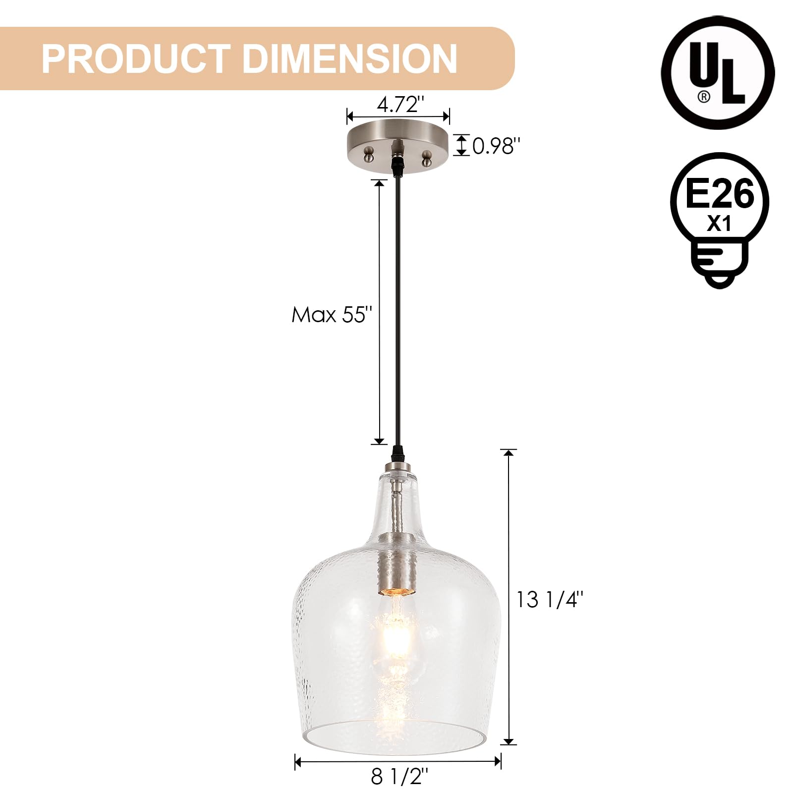 Elyccupa Large Hammered Glass Pendant Light Modern Brushed Nicklel 1 Light Single Dome Pendant Lighting Fixtures For Kitchen Island Dining Room Hallway  Dia 10 Inch  Ul Listed