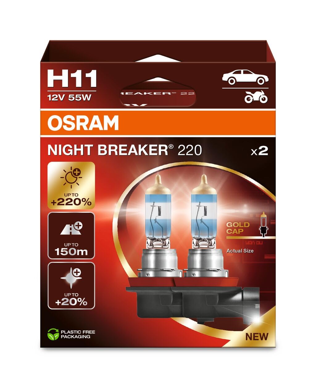 Osram Night Breaker 220, H11, 220% Brighter Halogen Headlight Lamp, 64211Nb220-2Hb, Folding Box (2 Lamps)