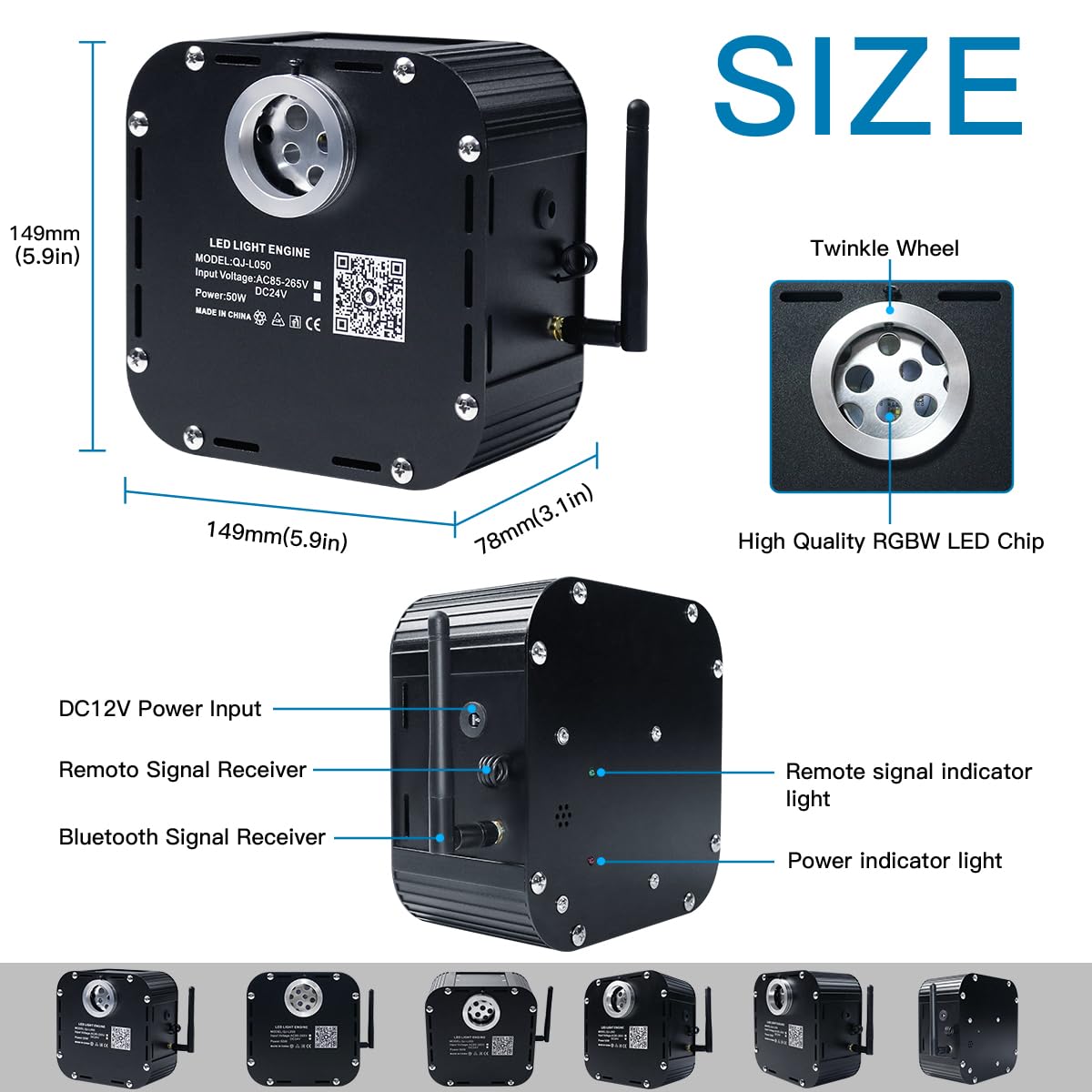 AKEPO 50W RGBW Twinkle Fiber Optic Light Engine, Bluetooth Control, Music Activated, Aluminum, White, Model QJ-L050