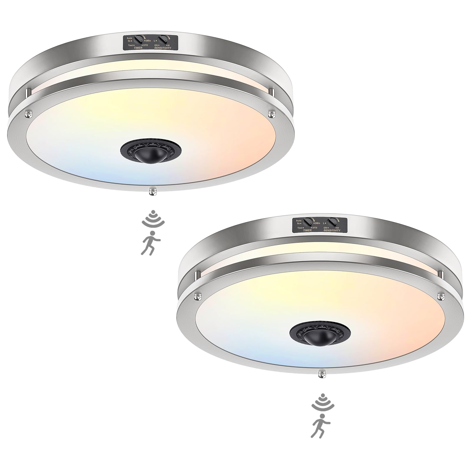 OYKYOHEI 24W LED Motion Sensor Outdoor Ceiling Light  12IN 2700K/3000K/3500K/4000K/5000K Adjustable Ceiling Lights  Dusk to Dawn Flush Mount LED Ceiling Light Fixture for Porch  Garage  Nickel  2 Pack