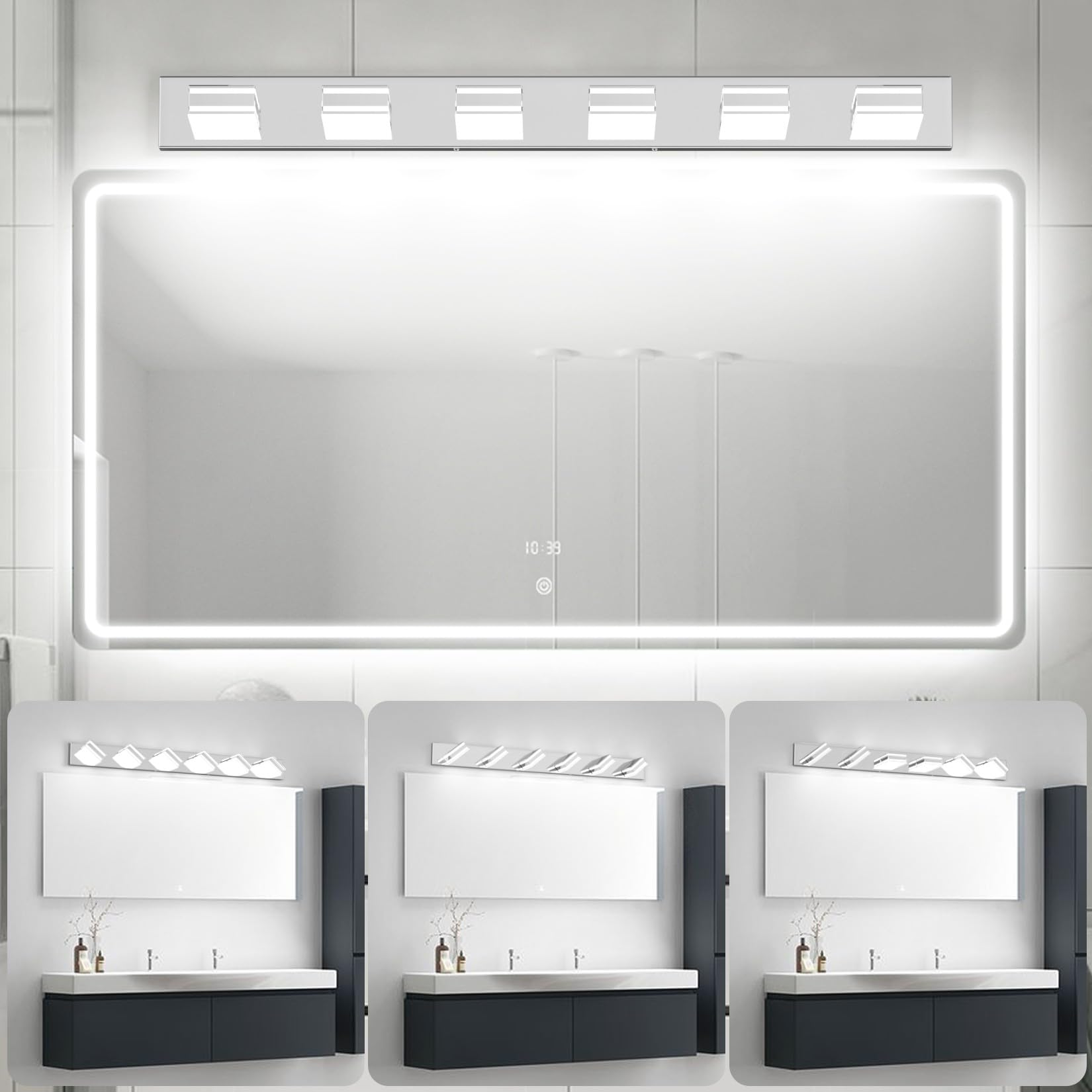 Ralbay Chrome Bathroom Vanity Light Fixtures 48Inch 6-Light Acrylic Chrome Modern Led Bathroom Wall Vanity Lighting Fixtures Ove