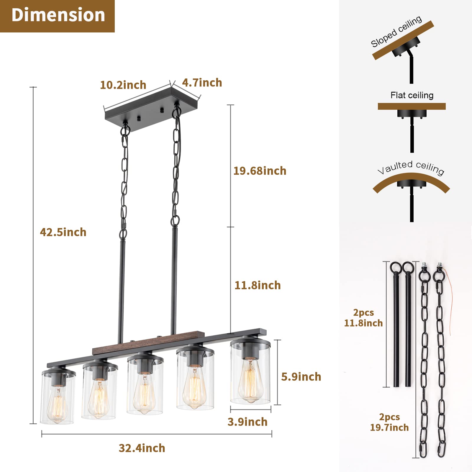 Farmhouse Dining Room Light Fixture,5-Light Kitchen Island Chandelier With Rustic Wood Frame,Black Metal Finish And Clear Glass