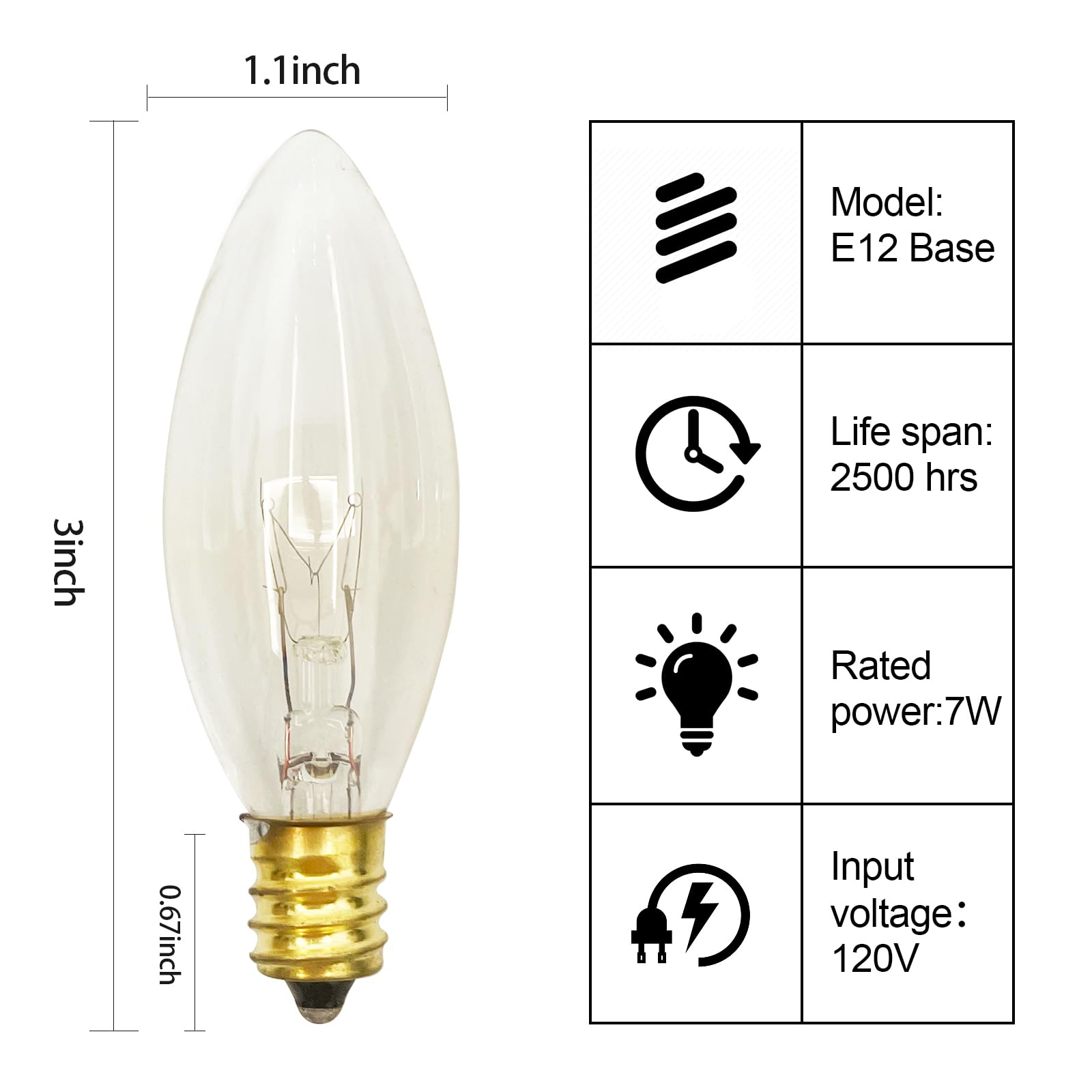 25 Pack Candelabra Replacement Bulb, C26 Clear Torpedo Tip Replacement Lights Bulbs, 7 Watt Incandescent Night Light For Indoor