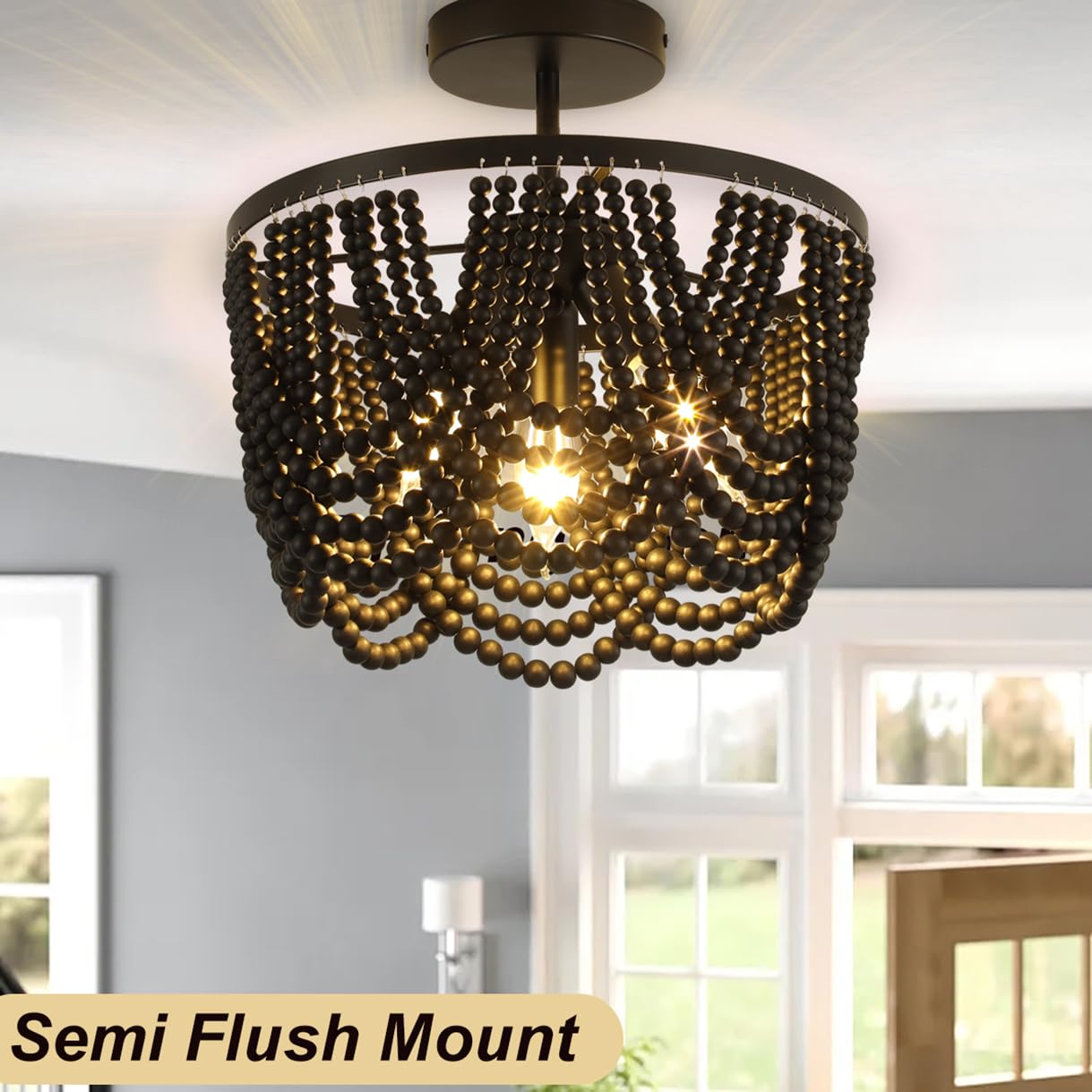 Black 12.6 Inch Boho Chandelier,Wood Beaded Chandelier Light Fixture, Bohemia Draped Bead Chandelier Flush Mount/Semi Flush Moun