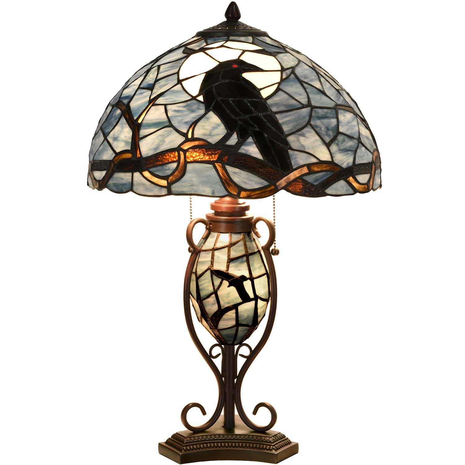 Bieye L10954 Raven Sitting on Bare Tree Branch in Full Moon Night Tiffany Style Stained Glass Table Lamp for Home Decor (Dark Bl