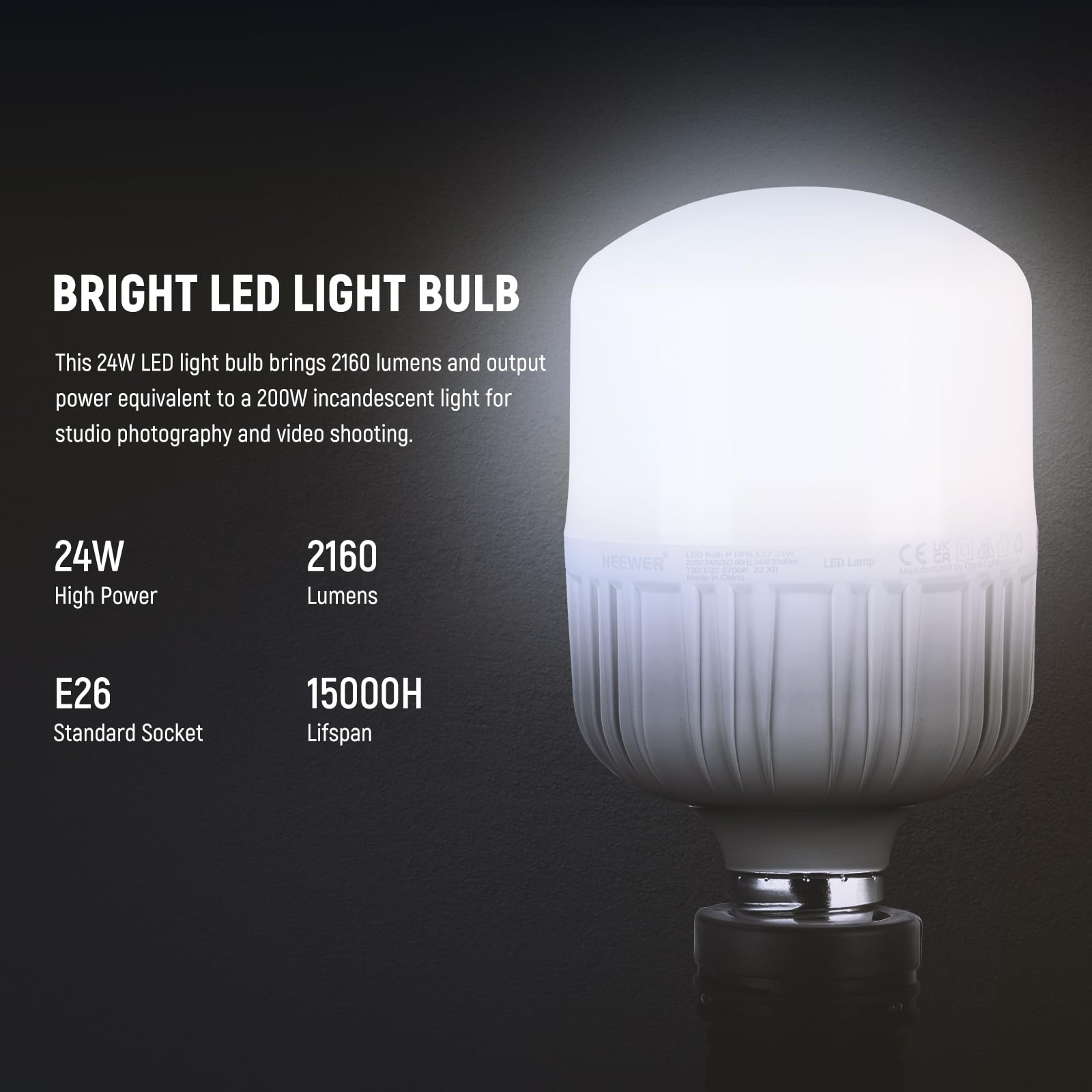 NEEWER E26 LED Light Bulbs 24W, 2160 Lumens, 5700K, CRI 93+, 2 Packs, Silent, Non-Dimmable, UL