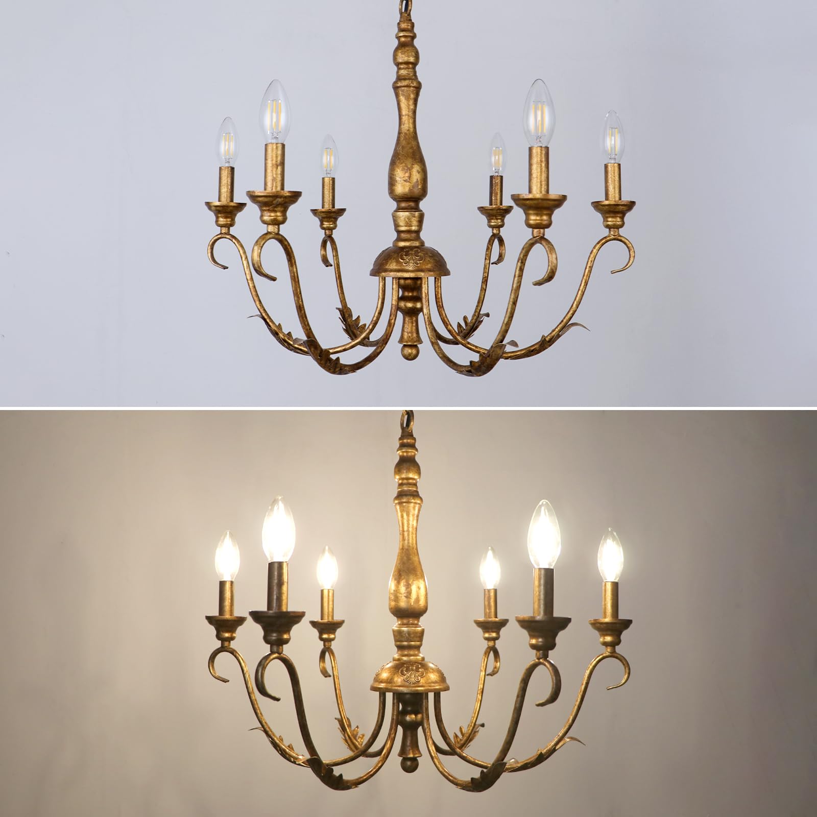 Kmaipem 6-Light Farmhouse Chandelier, 23.62'' Vintage Gold Chandeliers For Dining Room, Adjustable Rustic Metal Hanging Pendant