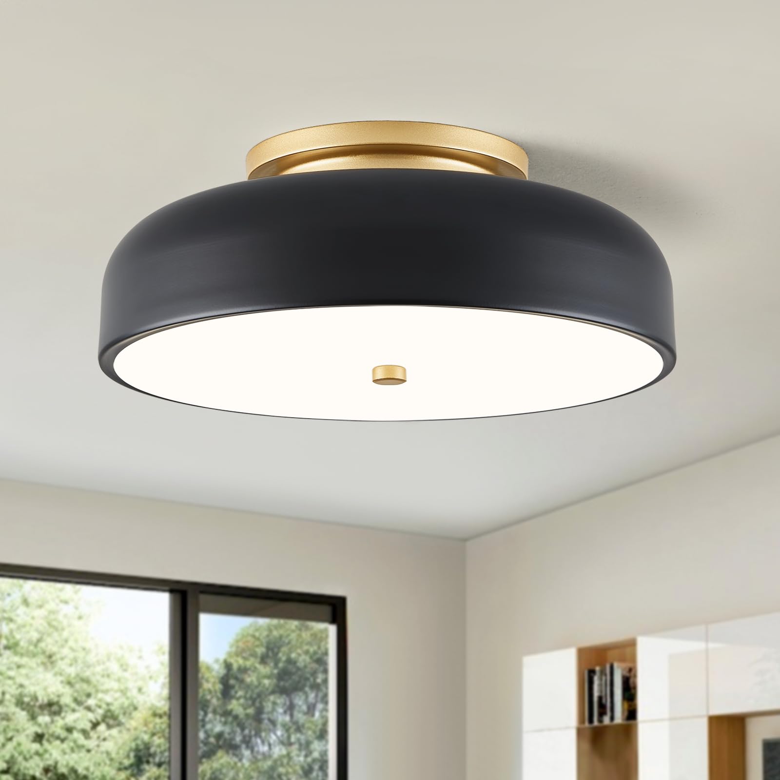 ONESMING Dimmable LED Ceiling Light Fixture, Modern Semi Flush Mount, 11.81in, Black, Model CP3045-GB30, 2700K-6000K