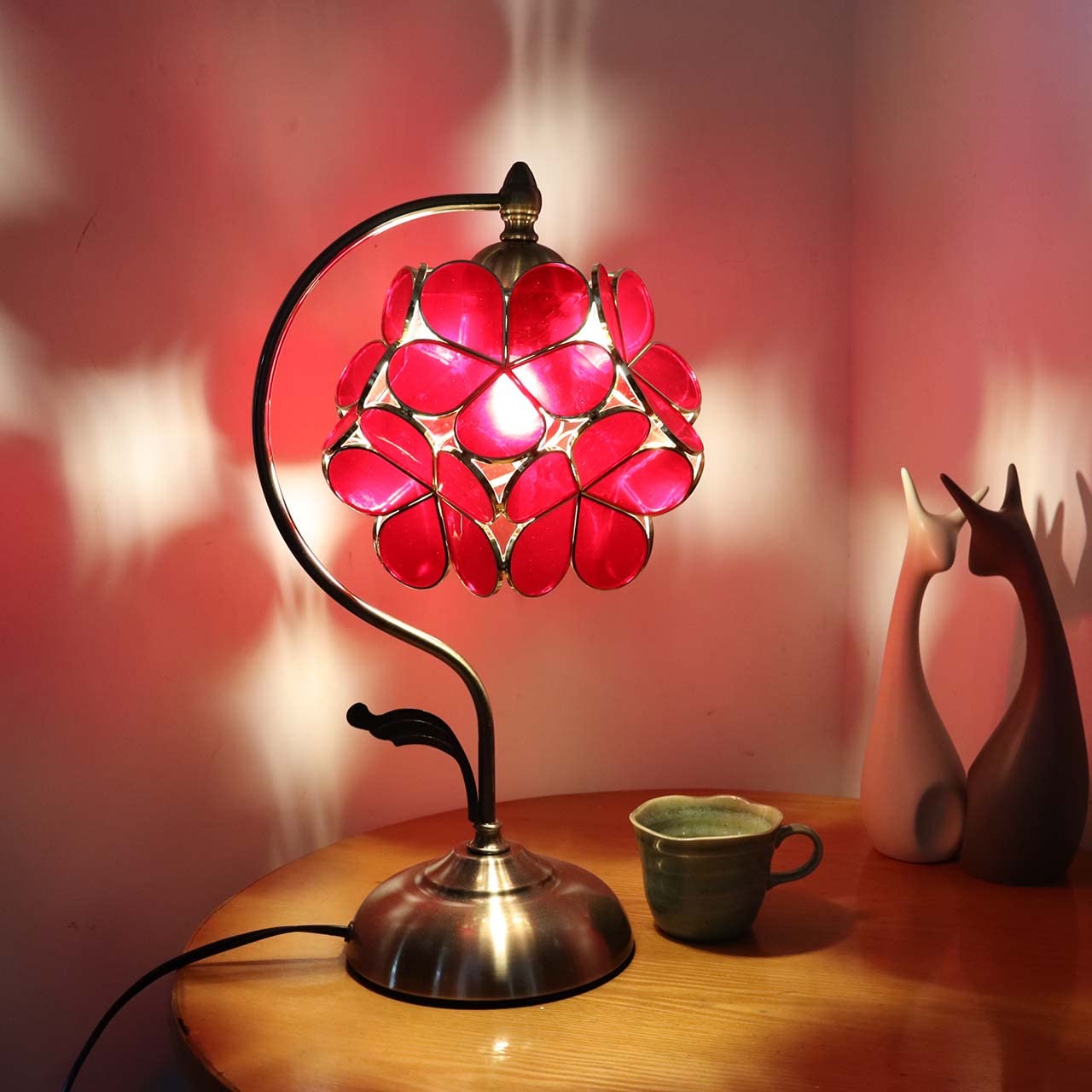 Bieye Tiffany Style Stained Glass Flower Petal Table Lamp, 8in Cherry Blossom, Red, Model PETALTABLE, Brass Base for Home Décor