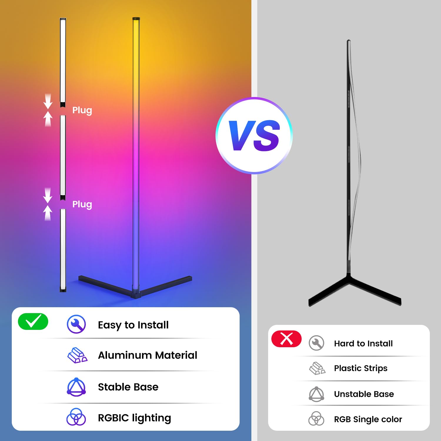 RIYO LED Corner Floor Lamp - RGB Color Changing, Music Sync, Remote Control, Model FL2000-US, Black
