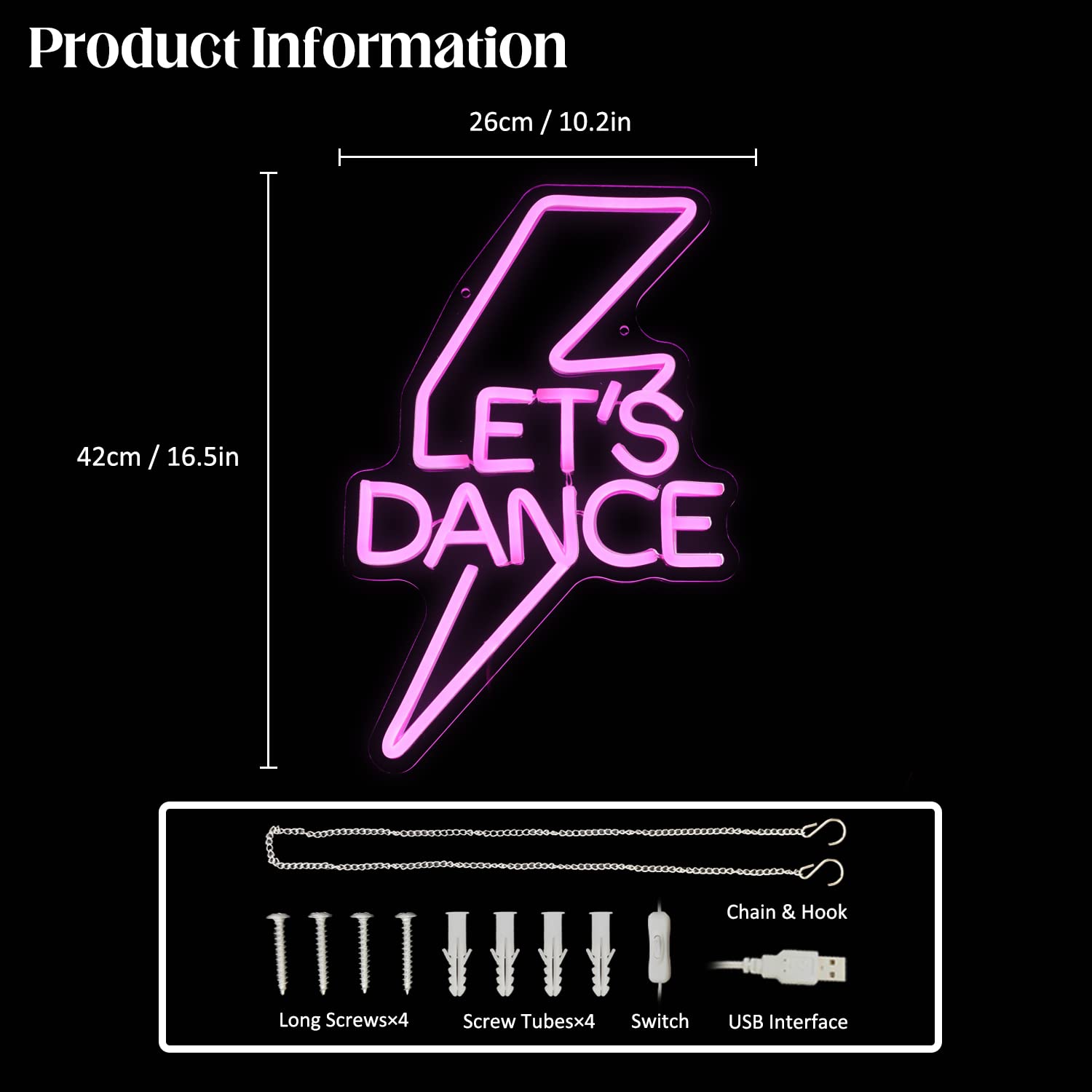 Let'S Dance Neon Sign Pink Led Word Light Sign Lightning Bolt Neon Light Dance Light Up Signs Neon Wall Light Letter Neon Signs For Bedroom Bar Wedding Birthday Dancing Party Decor Girl Gifts