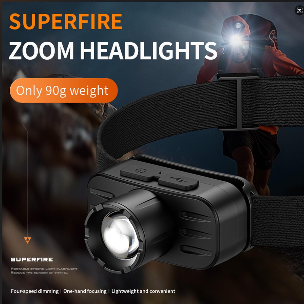 SuperFire Rechargeable LED Headlamp, 4 Modes, Zoomable, Waterproof, Small, HL80-BLACK, 2-Pack