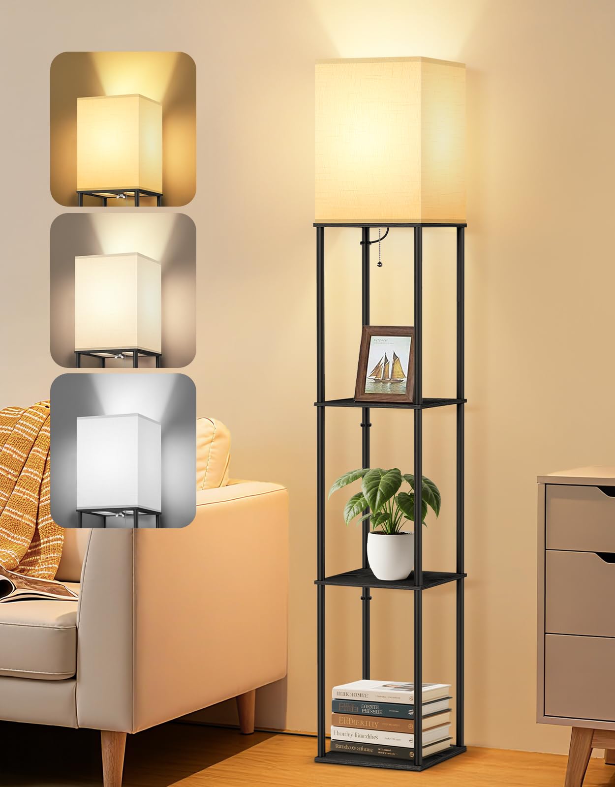 OUTON Floor Lamp with Shelves, Modern Square Standing Shelf Lamp, Black