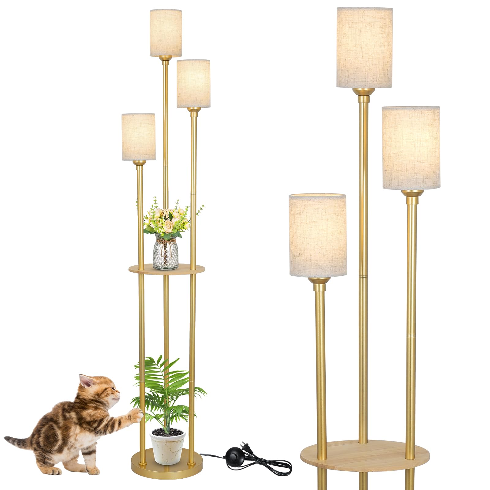 Stepeak Floor Lamps for Living Room, 3-Lights Modern Floor Lamp with Shelves, Gold Standing Lamp with Fabric Shade and Foot Swit