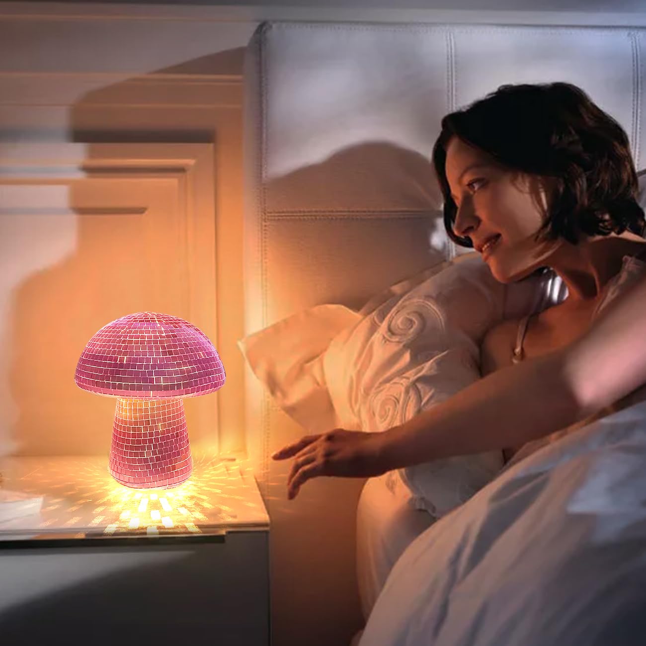 IJG Mushroom Disco Ball with Lights, 6 Inch Pink Plastic Home Art Decoration, Retro Design