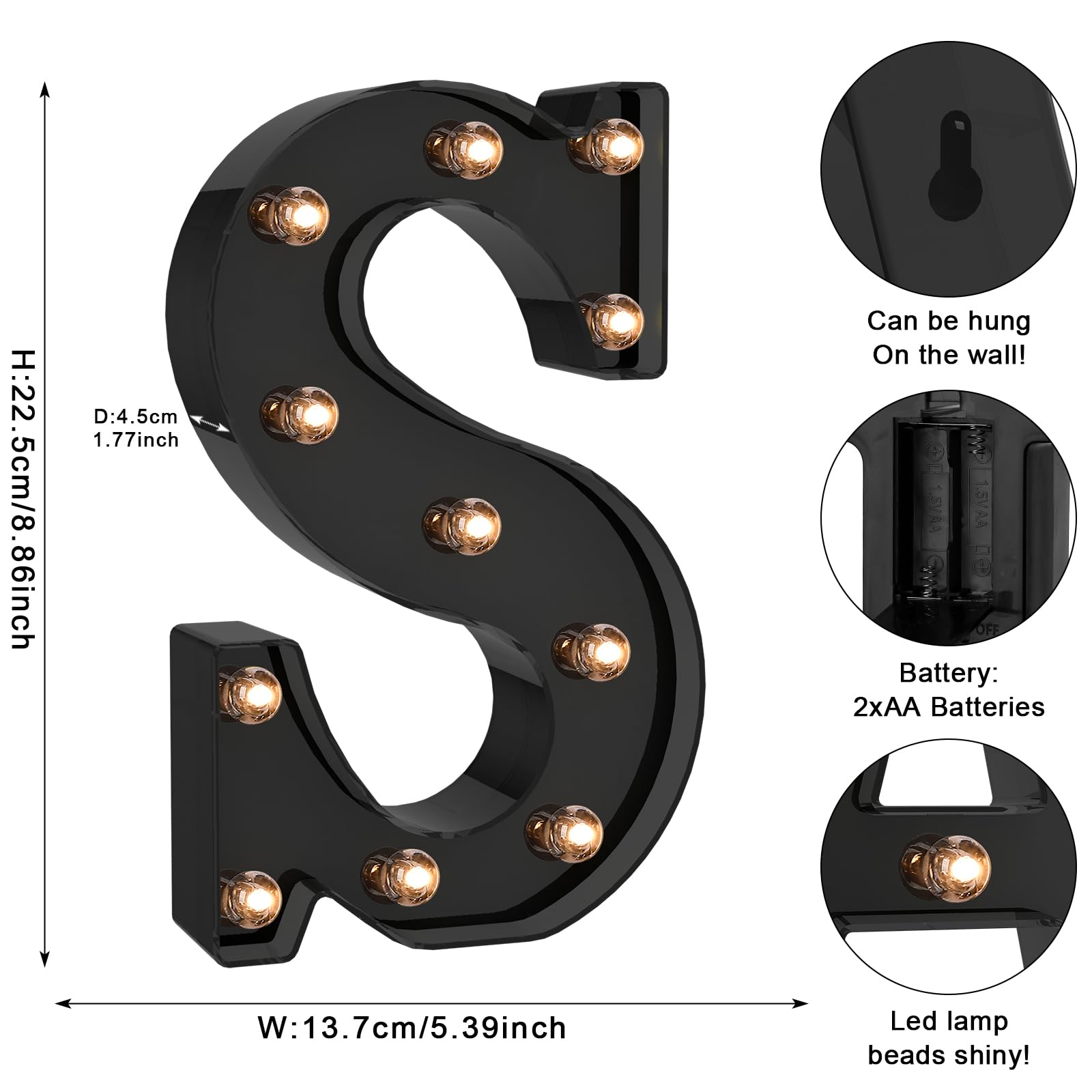 Foaky LED Letter Lights - Battery Operated Black Alphabet Lights for Room Decor, Size I, Model Black-25