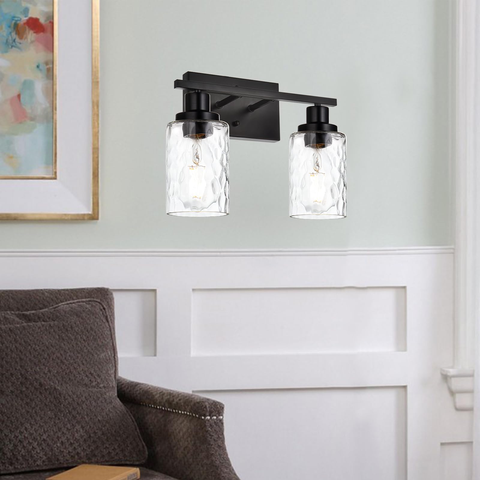 MELUCEE Indoor Wall Sconce 2-Light Matte Black Metal with Clear Hammered Glass for Bathroom Vanity and Mirror Cabinets
