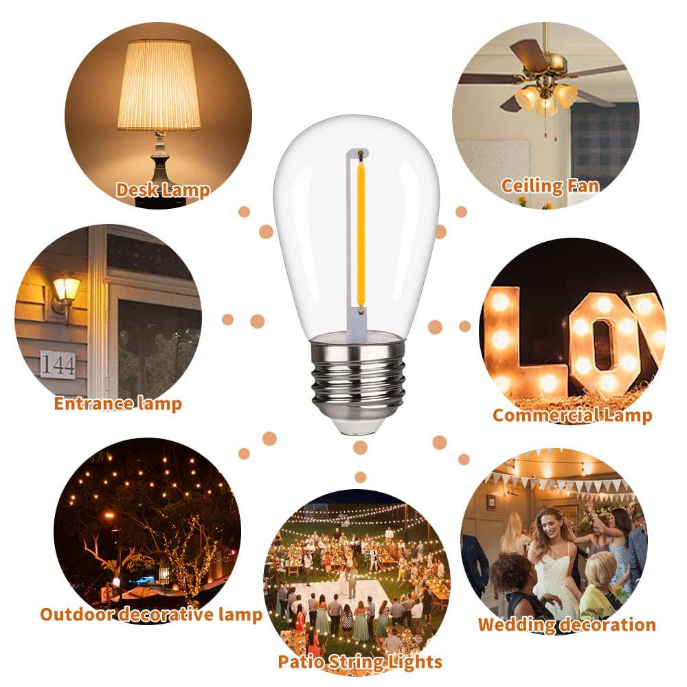 Austin Coast S14 LED Light Bulbs, Shatterproof & Waterproof, Warm White 2200K, E26 Base, 15 Pack for Outdoor String Lights
