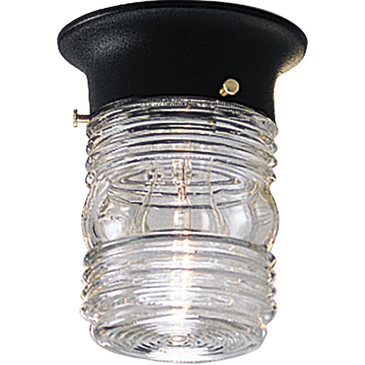 1-Light Clear Glass Traditional Outdoor Close-To-Ceiling Light Textured Black