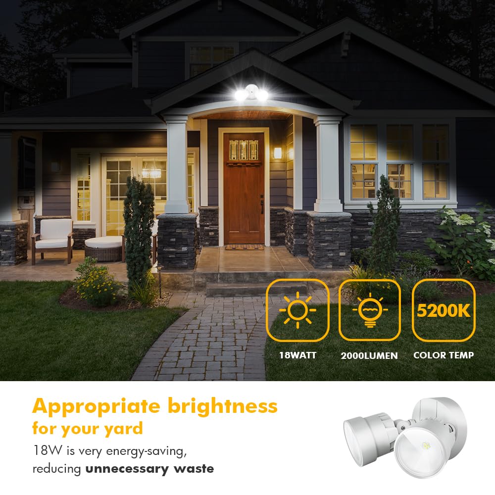 LUTEC Dual-Head LED Flood Light 2000 Lumen, 18W, Dusk to Dawn, Waterproof, White, Model P6221W-D2D, 1 Pack for