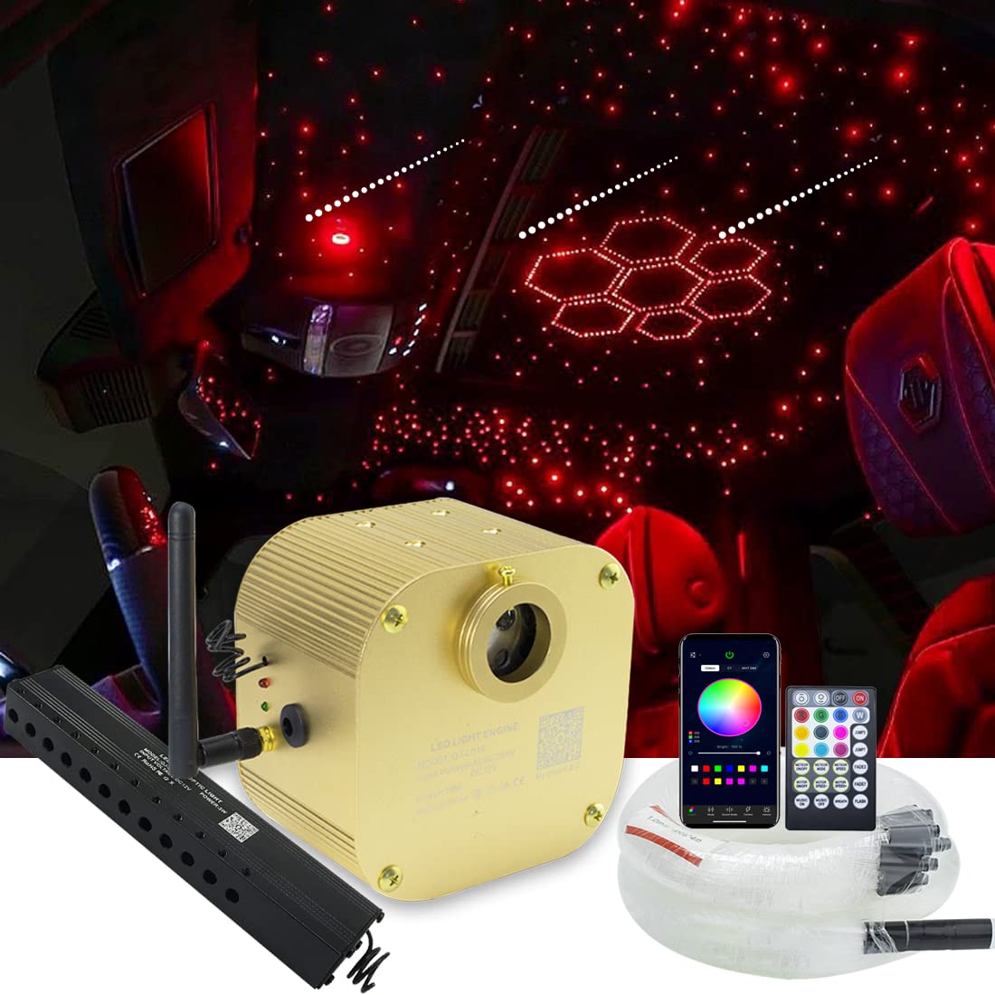 AZIMOM Bluetooth Fiber Optic Light Kit, 16W, 550pcs Strands, Gold, Model QJ-L016, Meteor Effect, Remote Music Mode