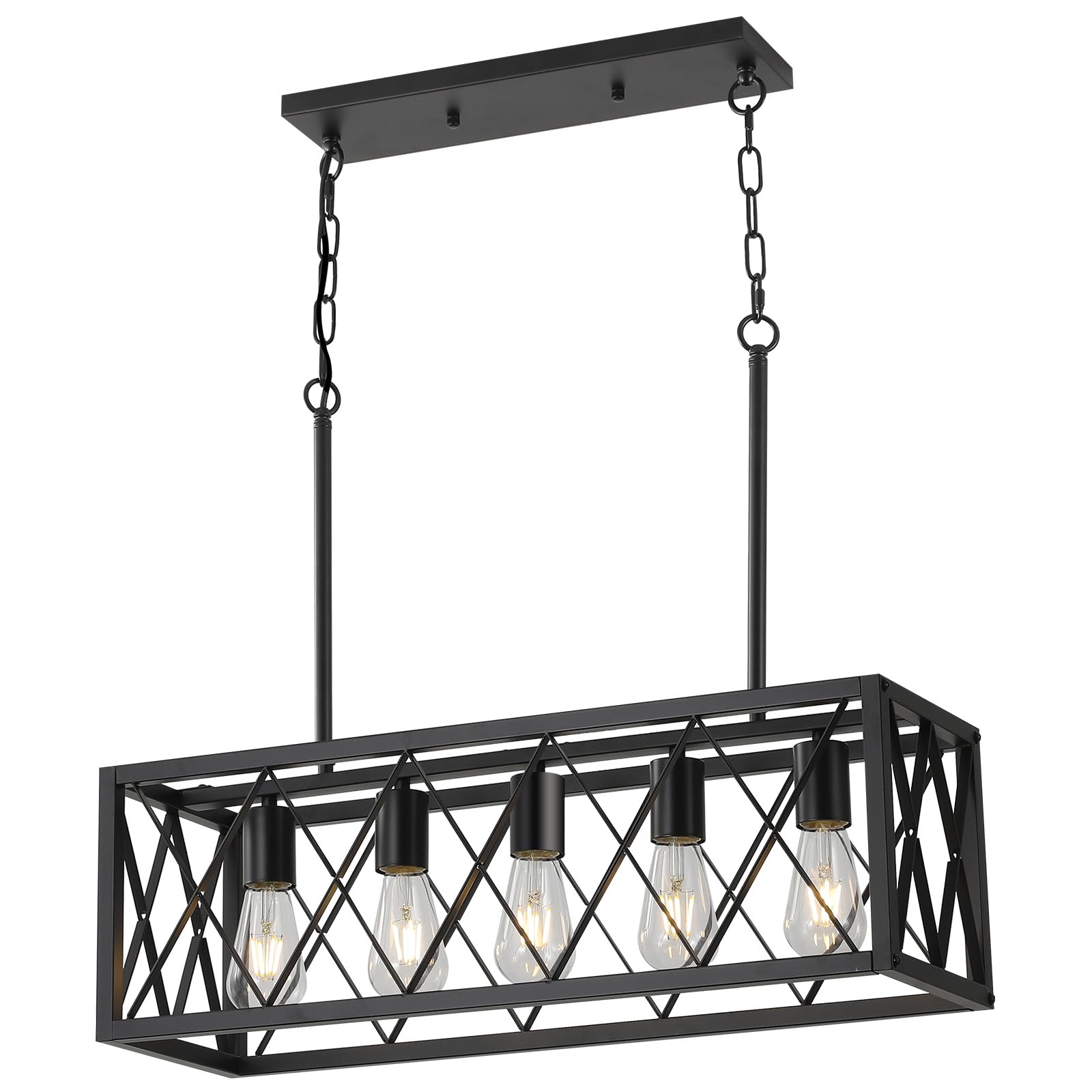 Keesfu Black Farmhouse Kitchen Island Lighting, 5 Lights Pendant Lighting Fixtures, Adjustable Height, Industrial Dining Room Light For Living Room Foyer Dining Table Over Sink.