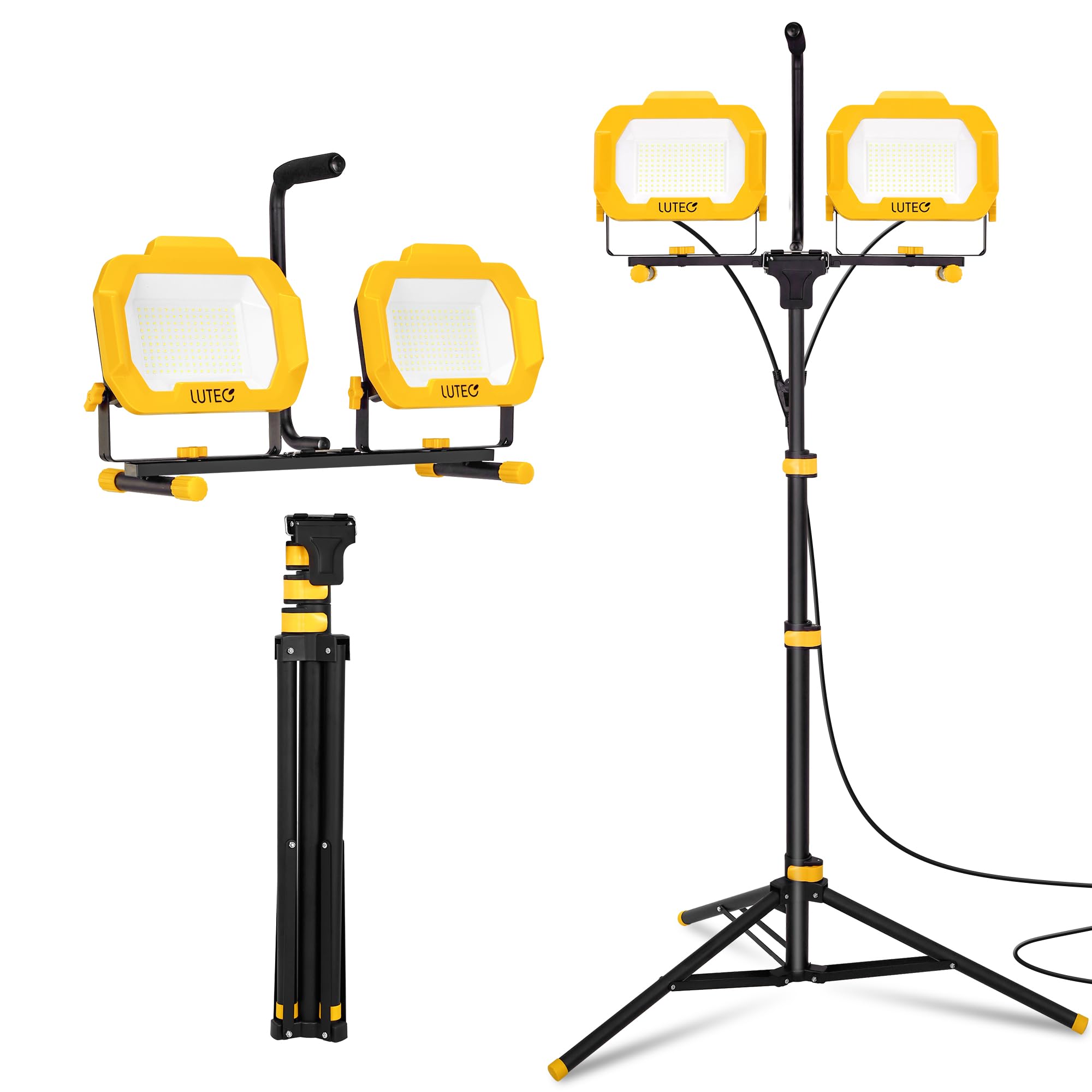 LUTEC 25000 Lumen LED Work Lights with Stand, Dual Head Dimmable Work Light with 6 Brightness Levels, IP65 Waterproof Rotating W