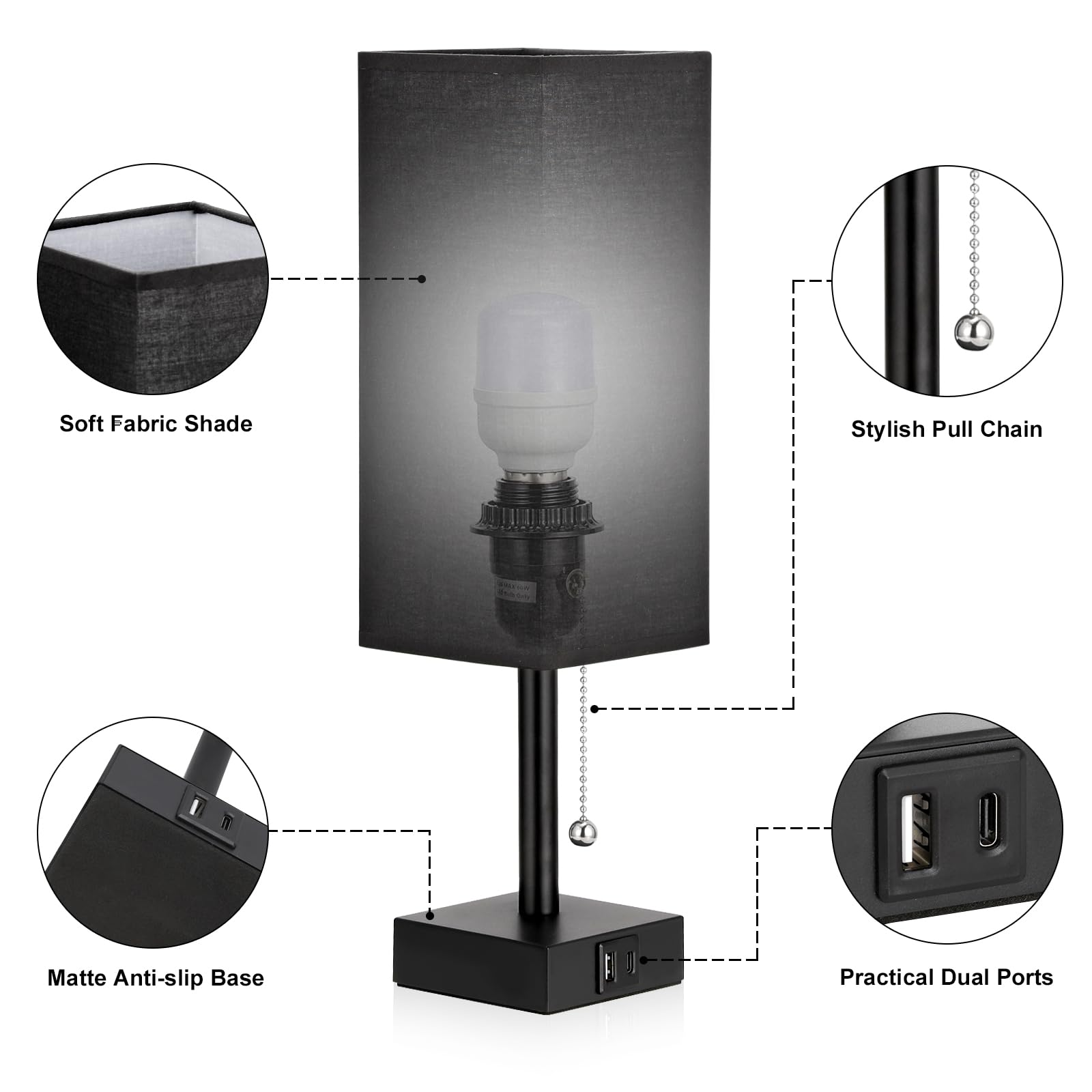 Bedside Table Lamps Set Of 2 - Black Bedroom Lamps With 3 Color Temperatures (3000K/5000K/4000K), Two Square Nightstand Lamps Wi