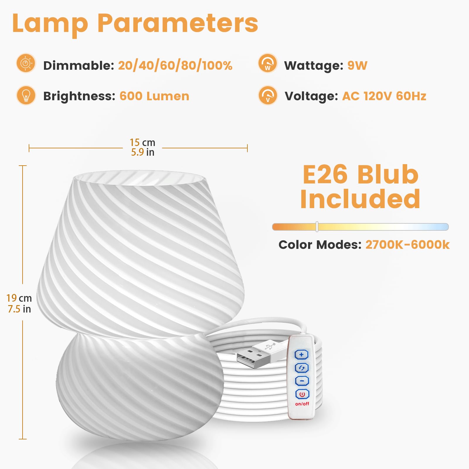 Ularoom Usb Plug-In Mushroom Lamp Small Bedside Table Lamp With 3 Temperature Led Bulb,Free Dimming Nights Light For Bedroom/Liv
