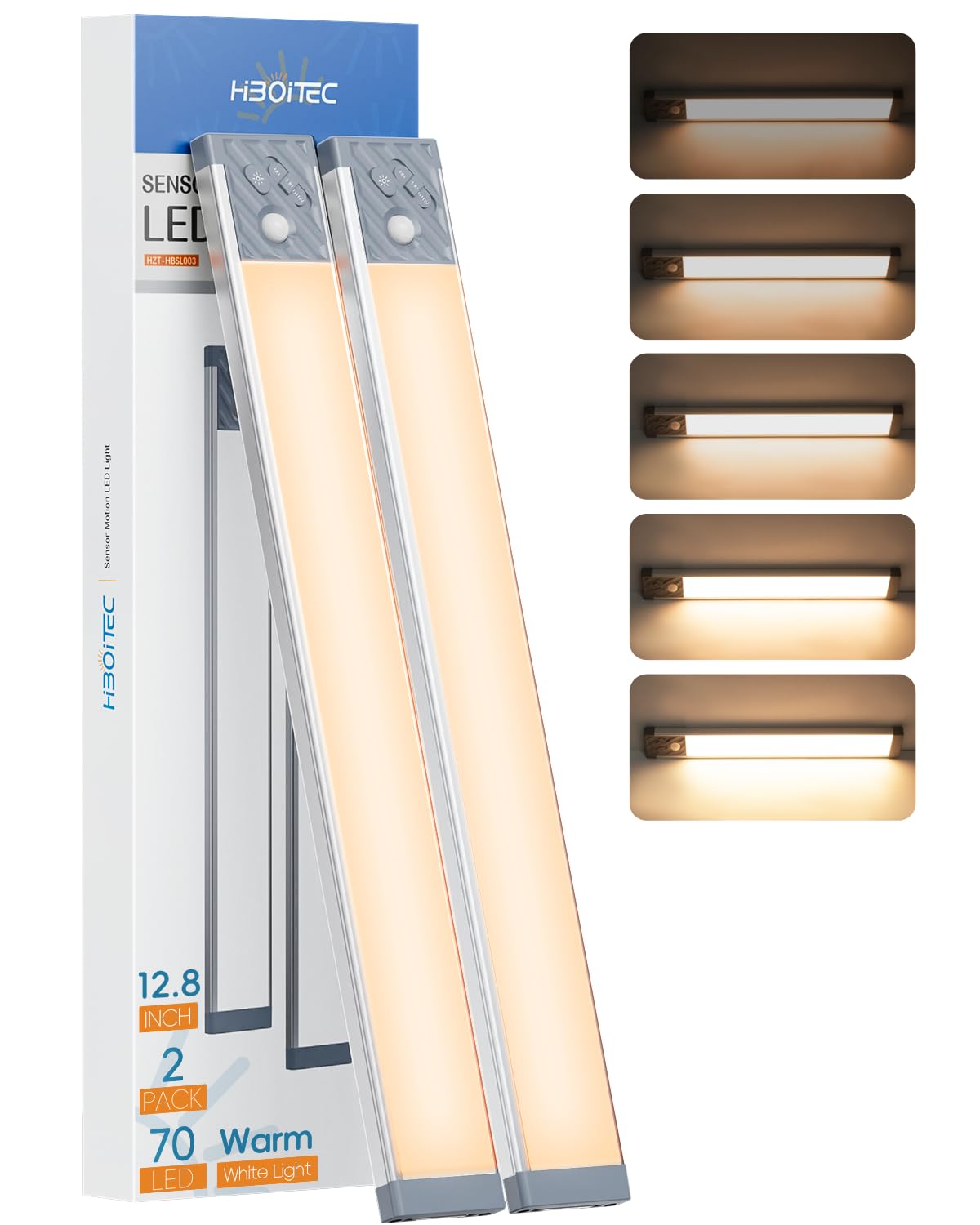 HIBOITEC Under Cabinet Lights Rechargeable Closet Lighting Wireless Motion Sensor Light Indoor, 70 LED Dimmable Magnetic Under Counter Light for Kitchen, 2 Pack, Warm White Light, 12.8 inch