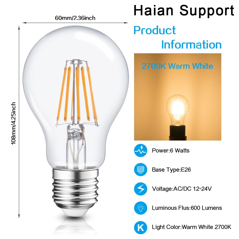 Haian Support 12V Led Bulb 6W 600Lm E26/E27 Base - 4 Pack Warm White For Rv