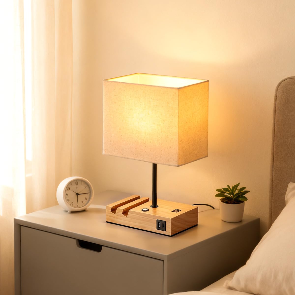 HoperBriwght Touch Nightstand Lamp with USB C Port, Charging Station, Wood, Model TNL, Bulb Included