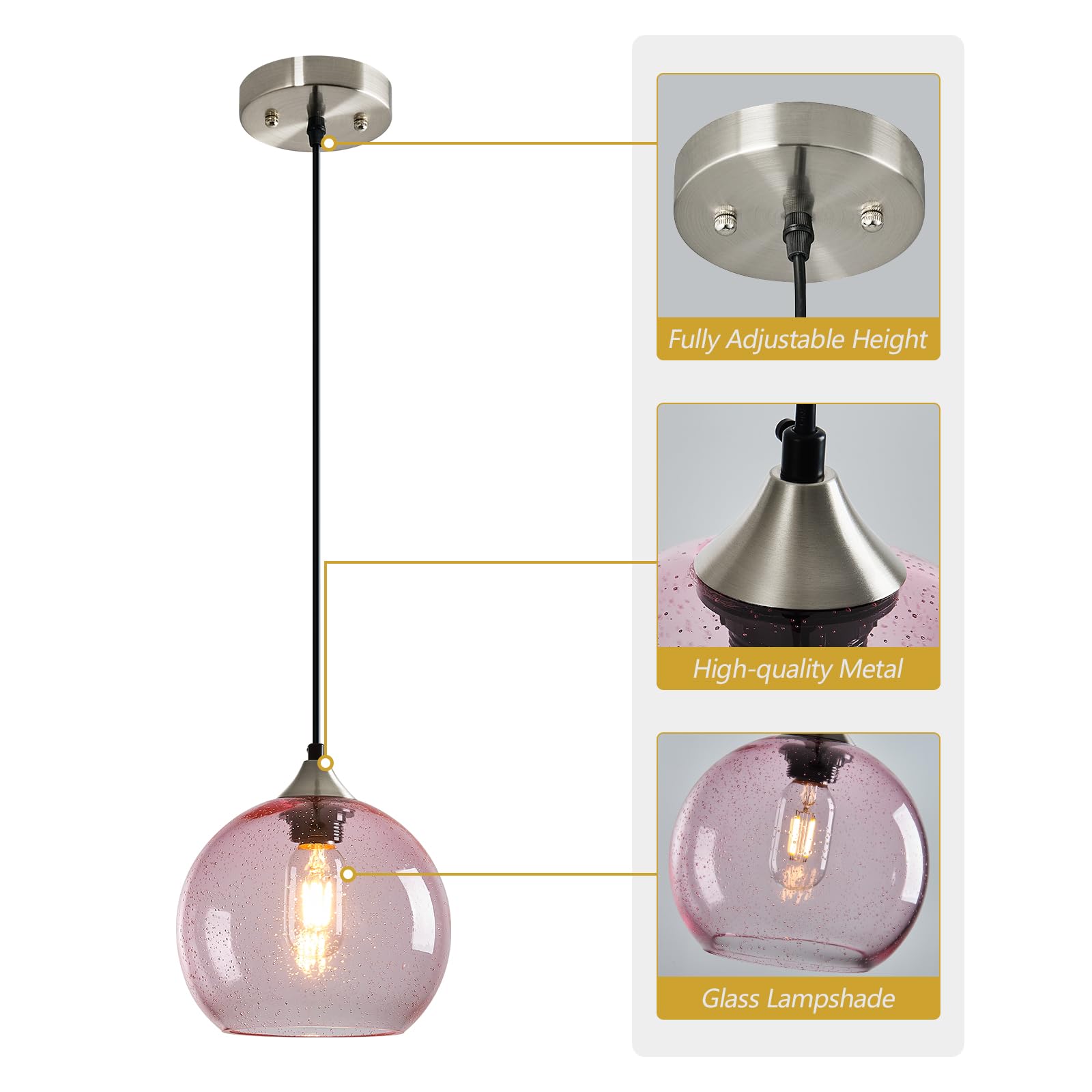 Lbsqj Pink Glass Pendant Lights Kitchen Island Lighting Globe Pendant Light Fixtures Modern Pendant Lighting For Bedroom Living Dining Room Light Fixture (7.87 In  1 Pack)