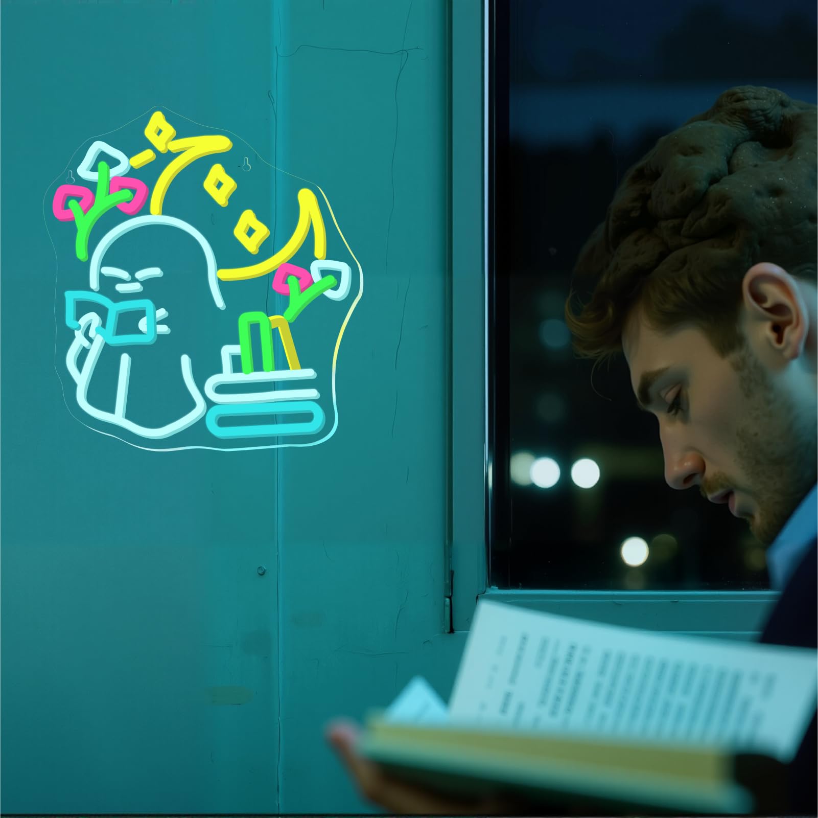Wanxing Neon Sign - Little Ghost Reading Books, USB Powered Dimmable, Medium Size, Colorful Ghost Reading, Ideal for Kids Library and Decor