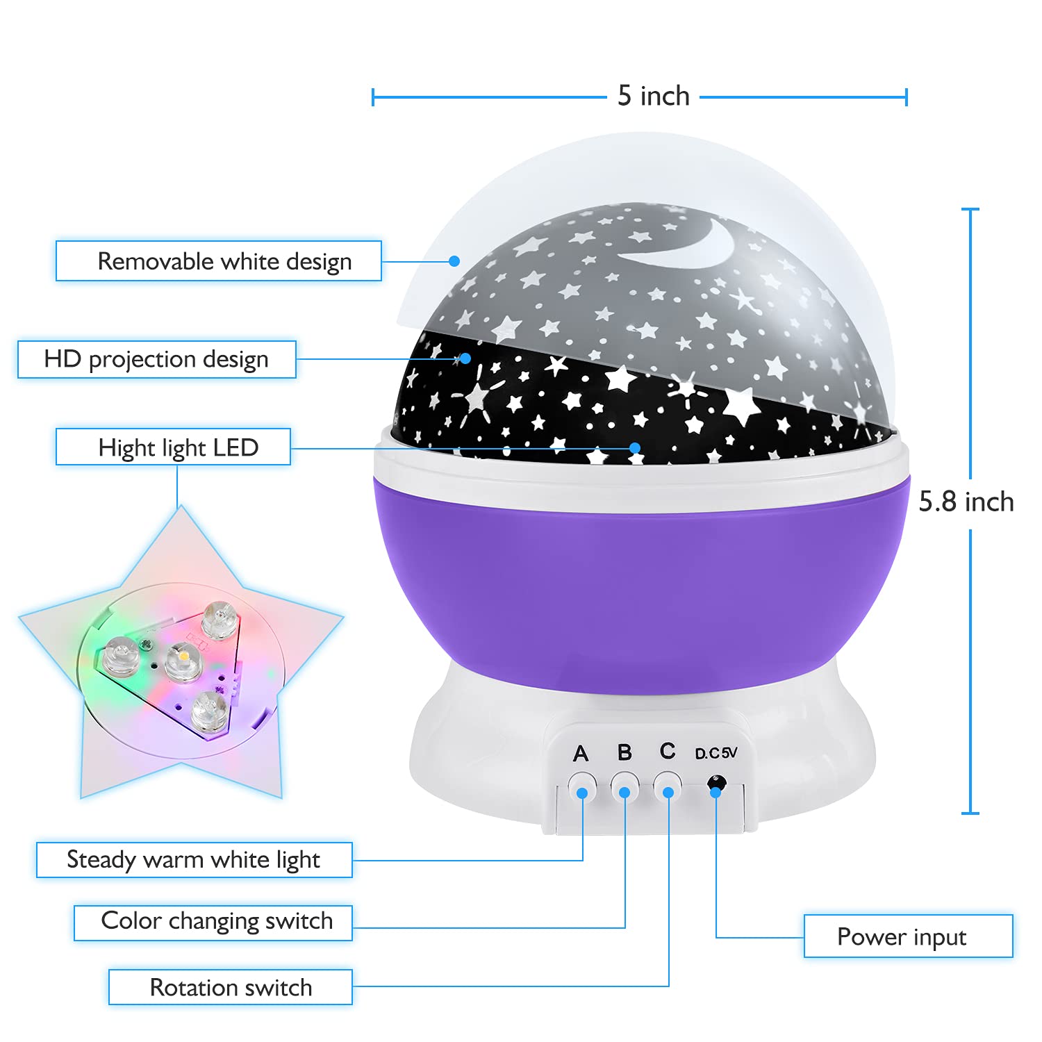 RICTLY Star Night Light Projector, 360° Rotation, 4 LED Bulbs, 12 Color Changing, Purple, Model 012-1361
