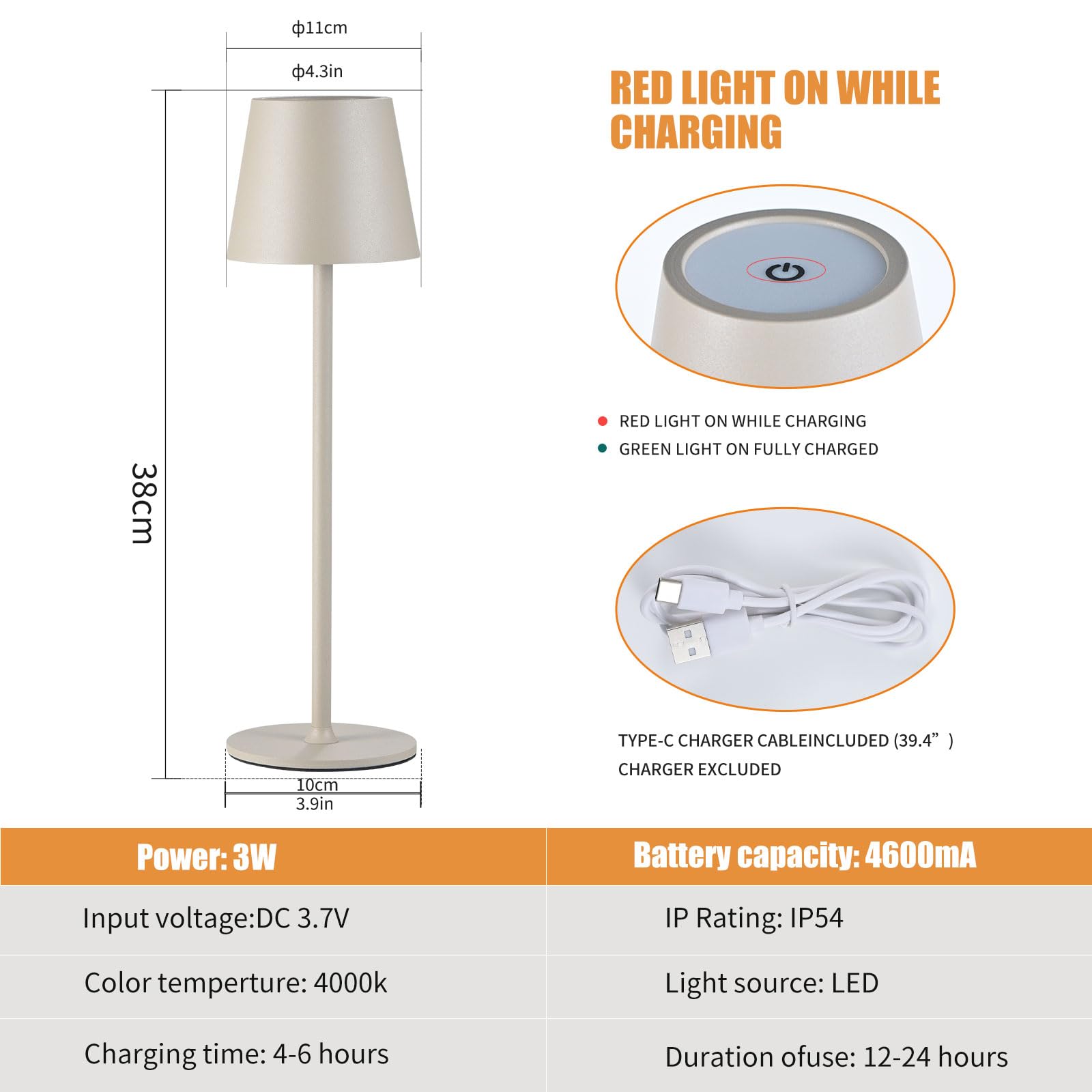 IMQSQIK Cordless Table Lamps 2-Pack USB Rechargeable LED Touch Control Apricot Model Ue566-2pcsApricot