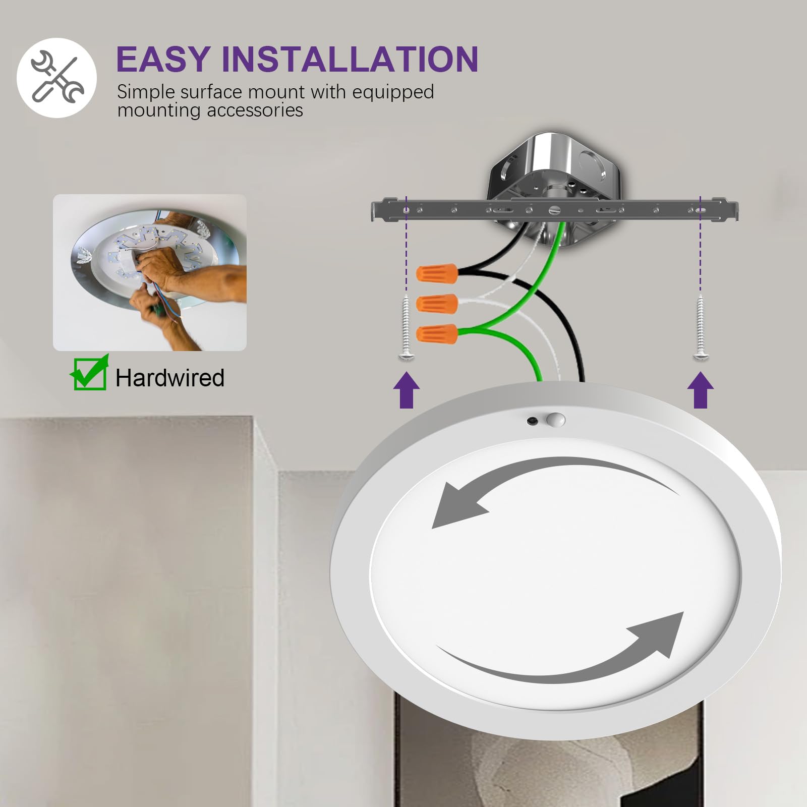 Sofiton Motion Sensor Ceiling Light, 5Cct Selectable 24W 1500Lm, 12 Inch Led Flush Mount Light Fixture Hard Wired, Motion Activa