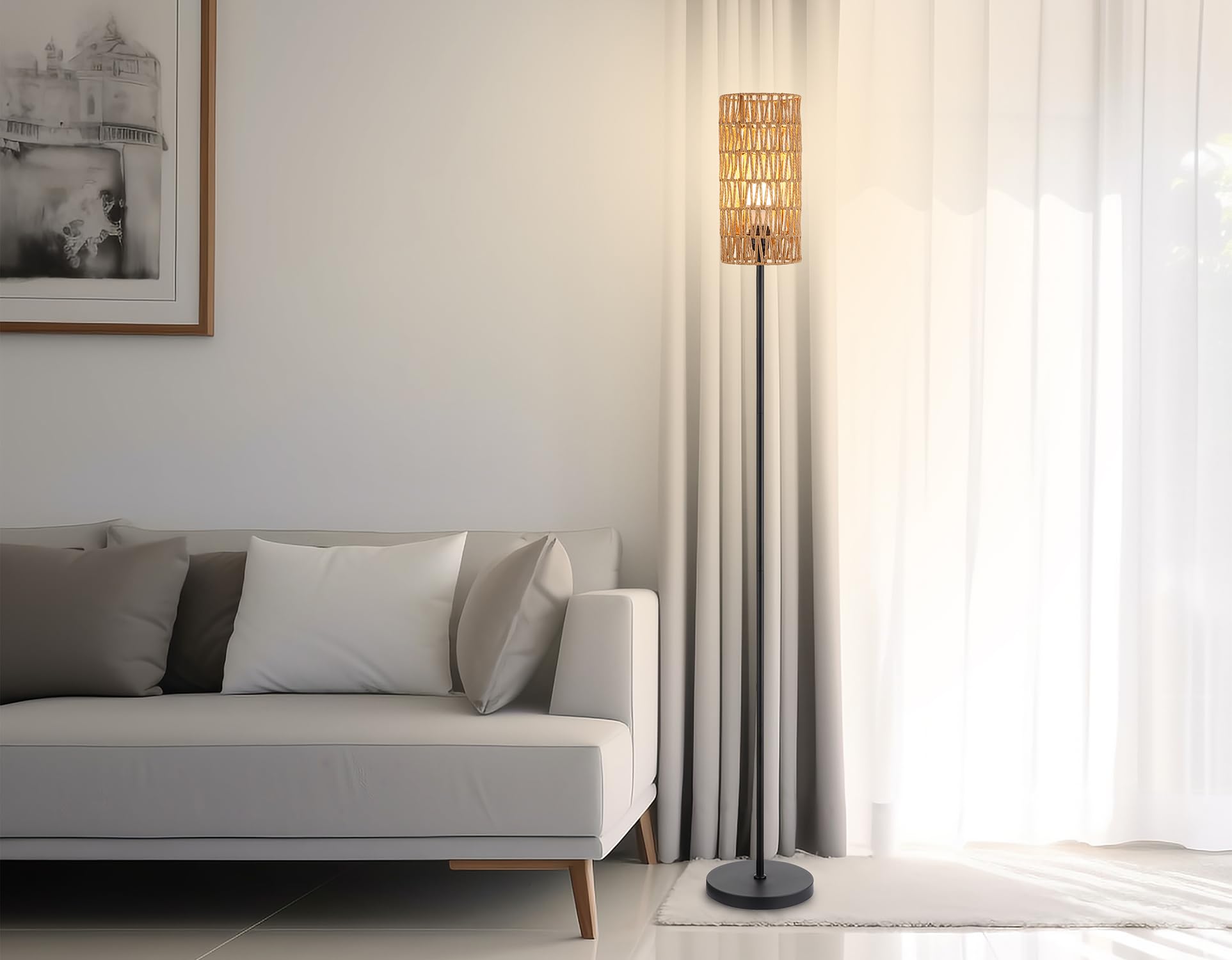Floor Lamp For Living Room,Farmhouse Rattan Floor Lamp,Modern Standing Lamp With Hand-Worked Rattan Shade,Black Tall Lamp With F