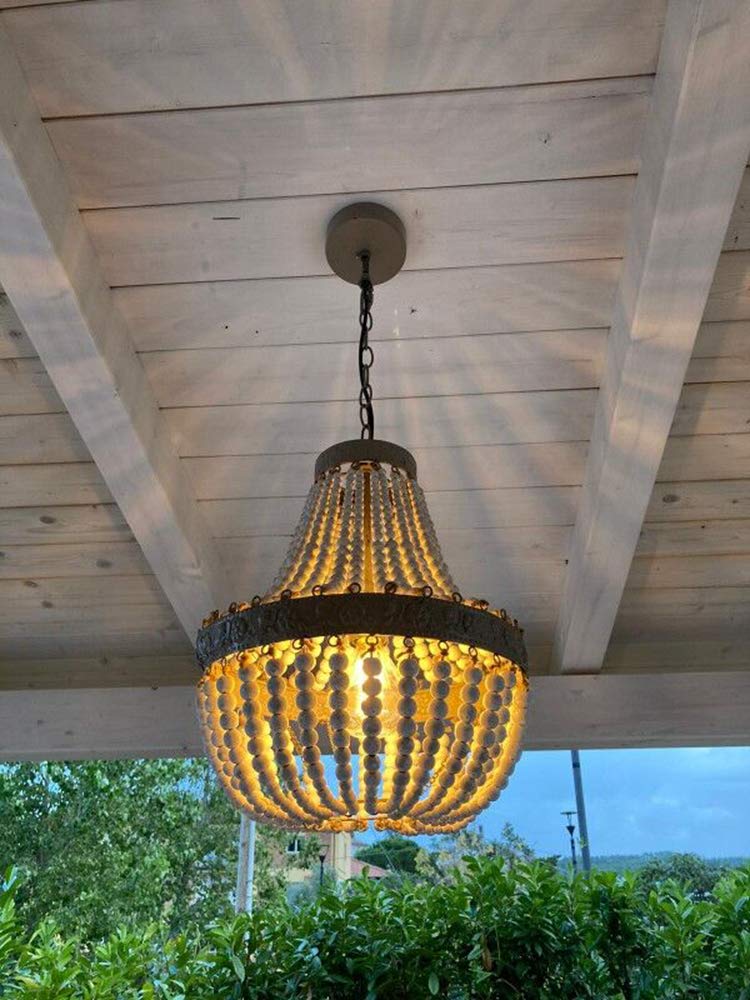 Newrays Wood Bead Chandelier Pendant Gray White Finishing Bohemian Boho Beachy Ceiling Lamp Light Fixtures For Bedroom, Island (