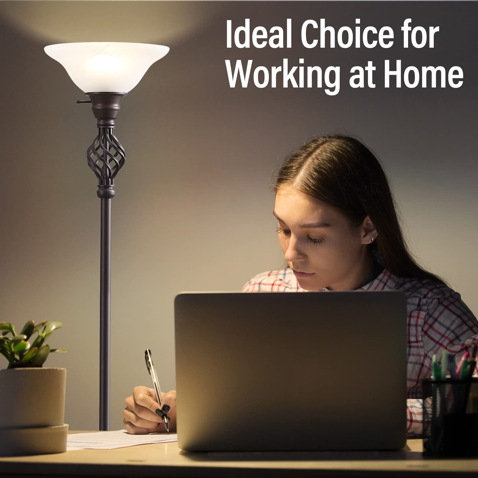 Torchiere Floor Lamp For Living Room, Led Standing Reading Light For Bedroom With Glass Shade For Living Room Corner Bedroom Hom