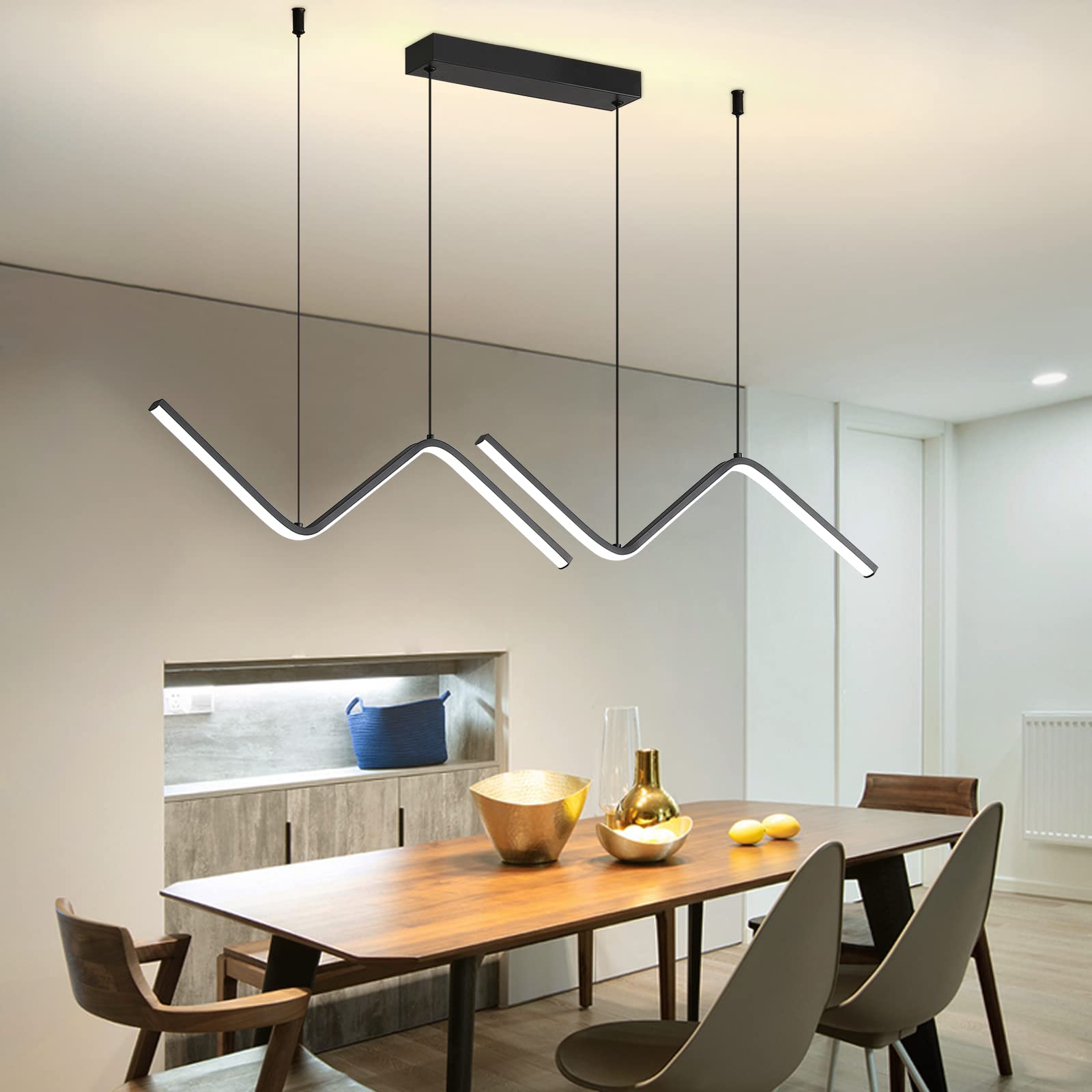 Modern Lightning Shaped Chandelier, Led Pendant Light Fixtures With Remote Control 3000K-6500K Adjustable Color Temperature, Aluminum Island Lighting Lamp For Dining Room, Living Room, Island