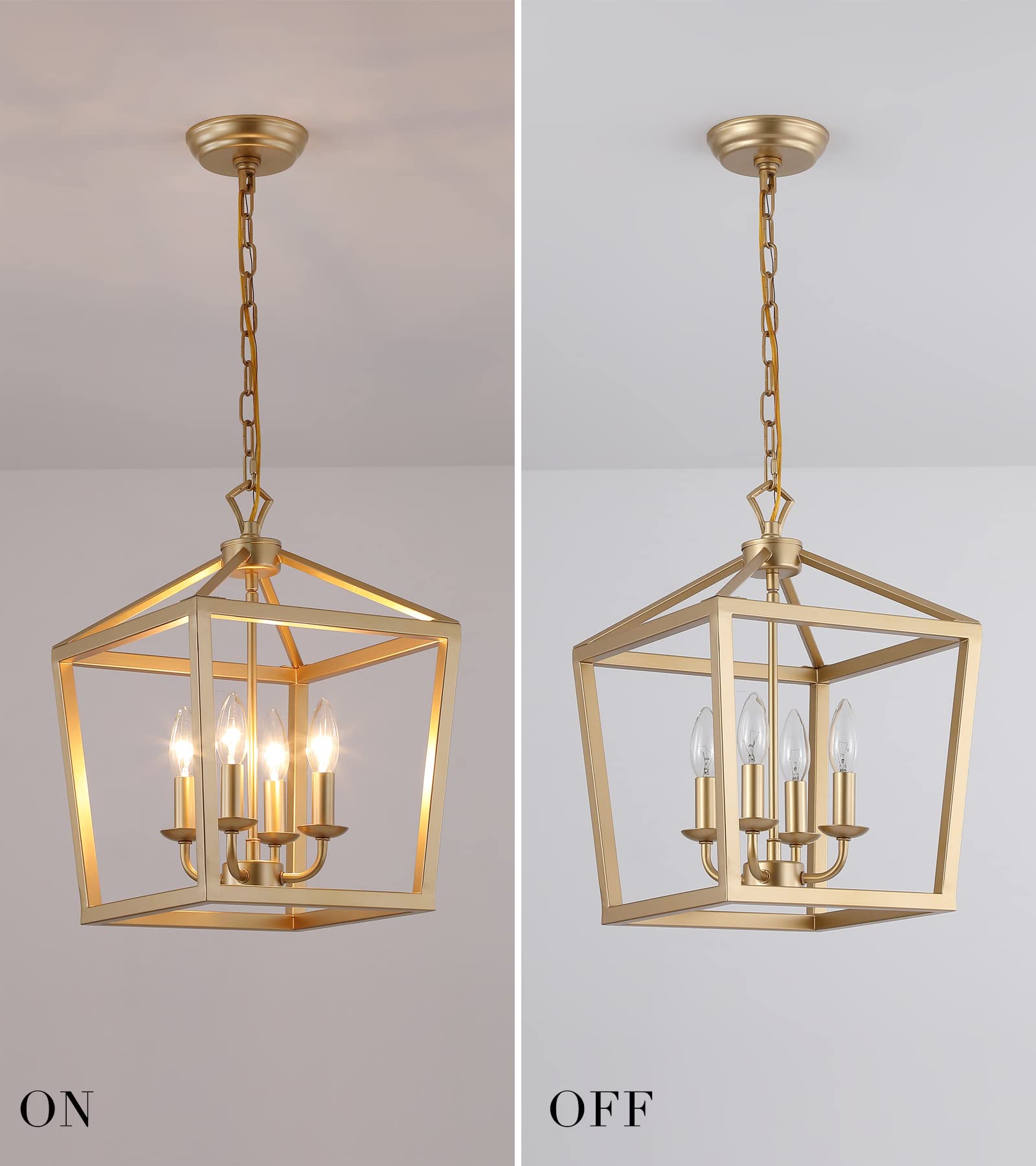 AMZASA Gold Lantern Chandelier Pendant Light Fixture, 4-Lights for Kitchen Island, Dining Room, Hallway, UL Listed, Model AS9012-4GD