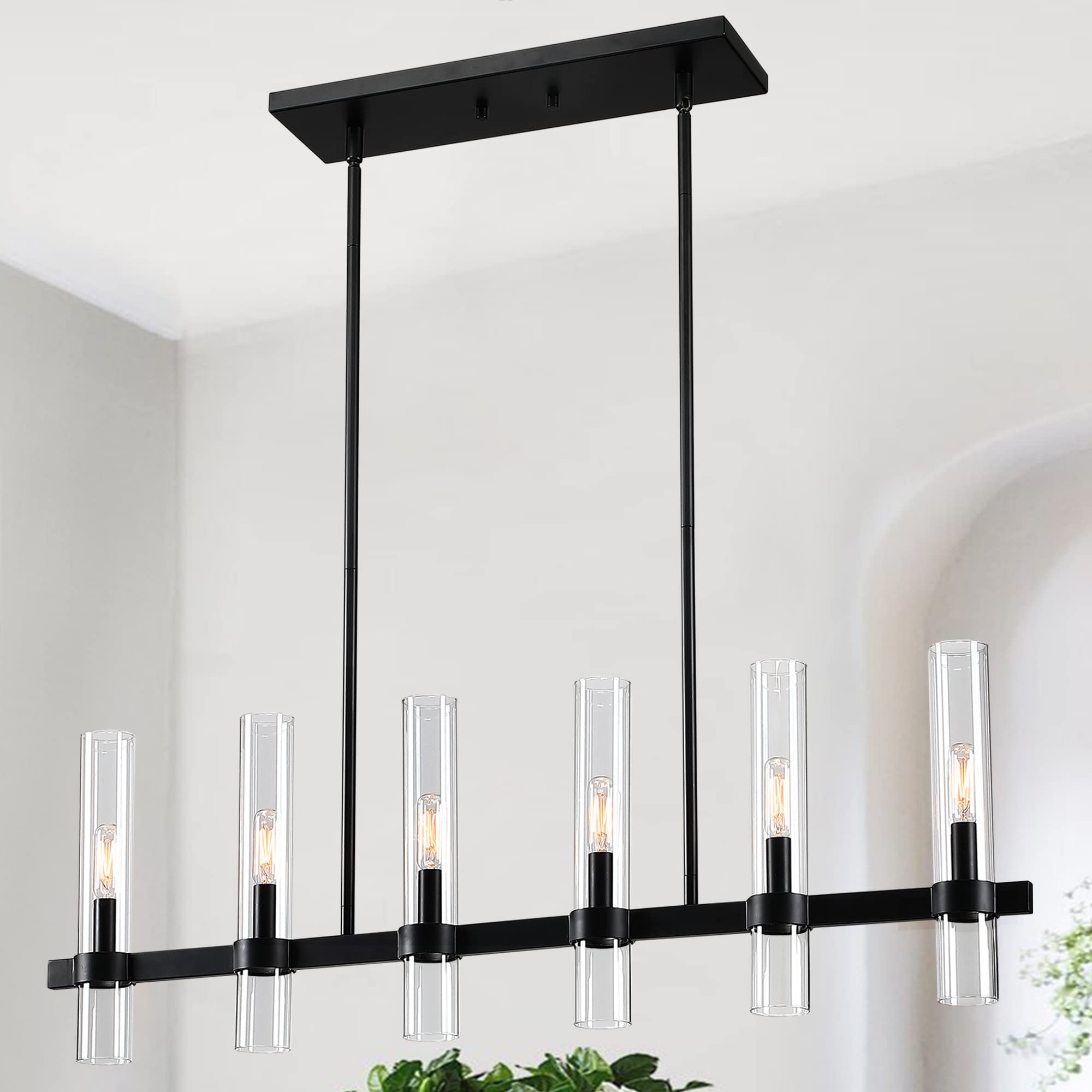 Untrammelife Modern Linear Island Light,6-Light Black Large Chandelier 36 W Rectangle Pendant Light with Clear Glass Shade,45 in