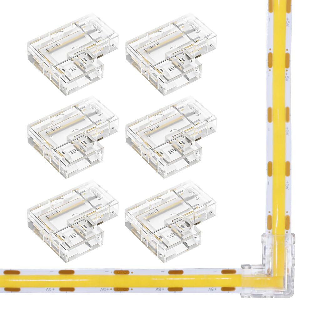 MJJC 6Pcs 2Pin 10mm COB LED Band Light Corner Connectors L-Shaped 90 Degree Band to Band Solderless Quick Connectors for 2 Pin 10mm COB LED Tape Lights