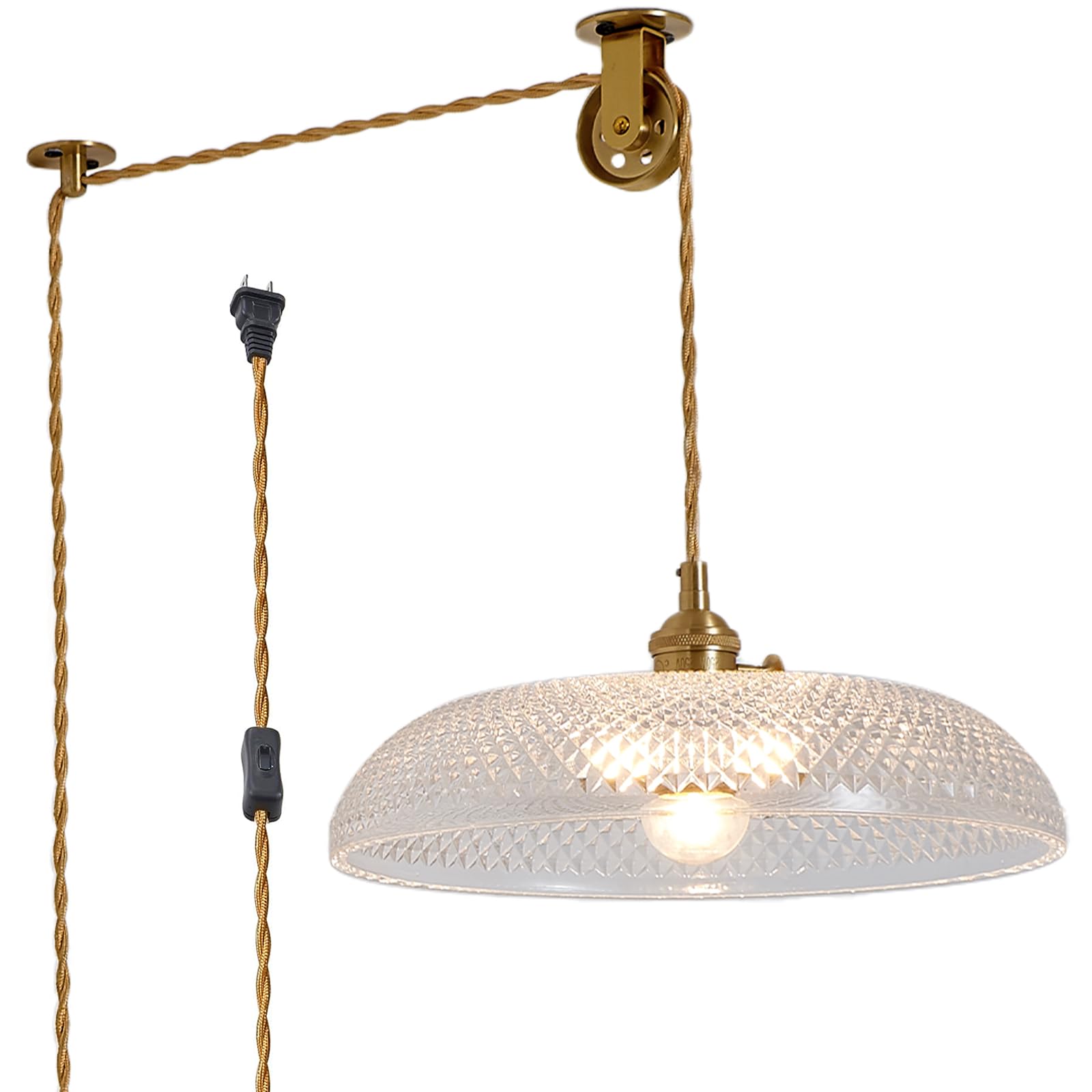 Oyisen Plug In Pendant Light,11.8 Inch Hanging Light With Plug In Cord Glass Lampshade Hanging Lamp Plug In Adjustable Golden Light Cord Hanging Light Plug In For Bedroom