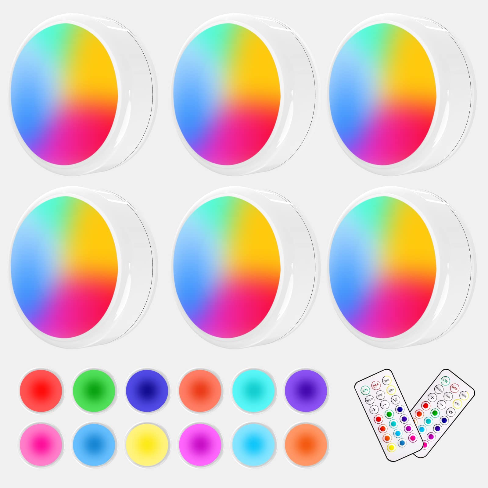 ILYXY LED Under Cabinet Puck Lights, Dimmable, Battery Operated, 6 Pack, White, Wireless, Multicolor Transformation